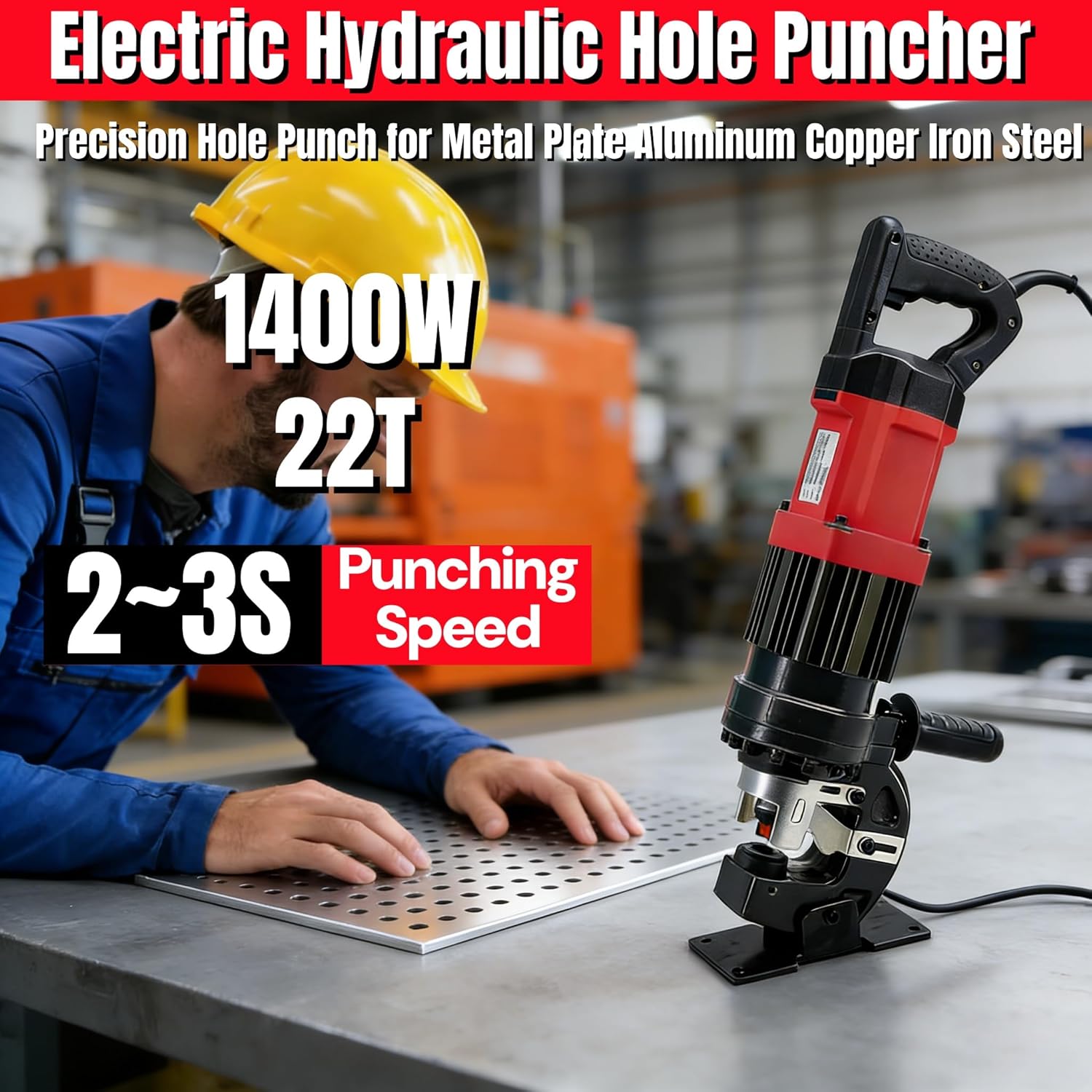 Hydraulic Hole Puncher MHP-20, 110V 1400W 22T Heavy Duty Metal Punch for Aluminum Copper Steel Angle Iron, 5 Dies φ6.5+φ9+φ13+φ17+φ20.5mm