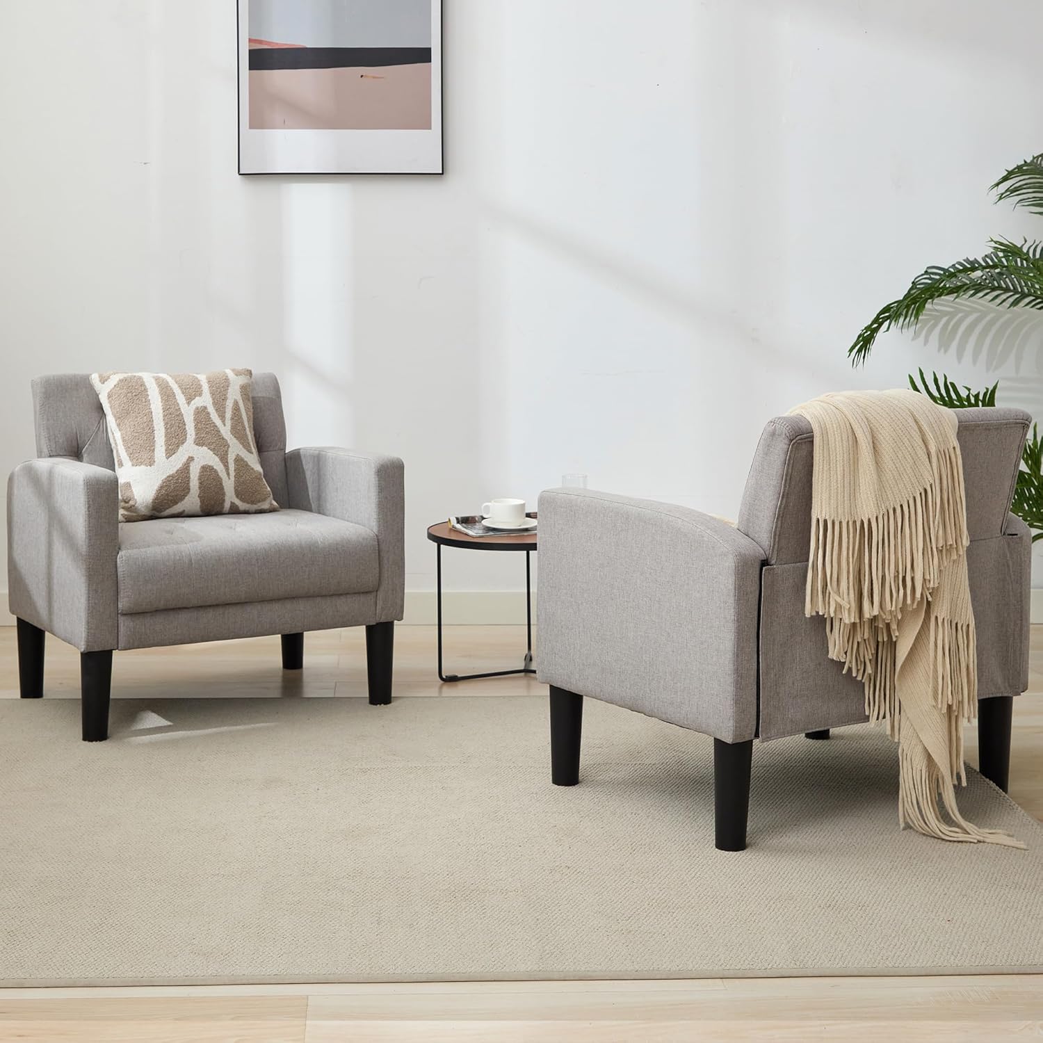 TYBOATLE Accent Chairs Set of 2 Comfy Living Room Chair Tufted Mid Century Modern Accent Chair, Cozy Upholstered Reading Arm Chair for Office, Bedroom (Light Grey, Set of 2)