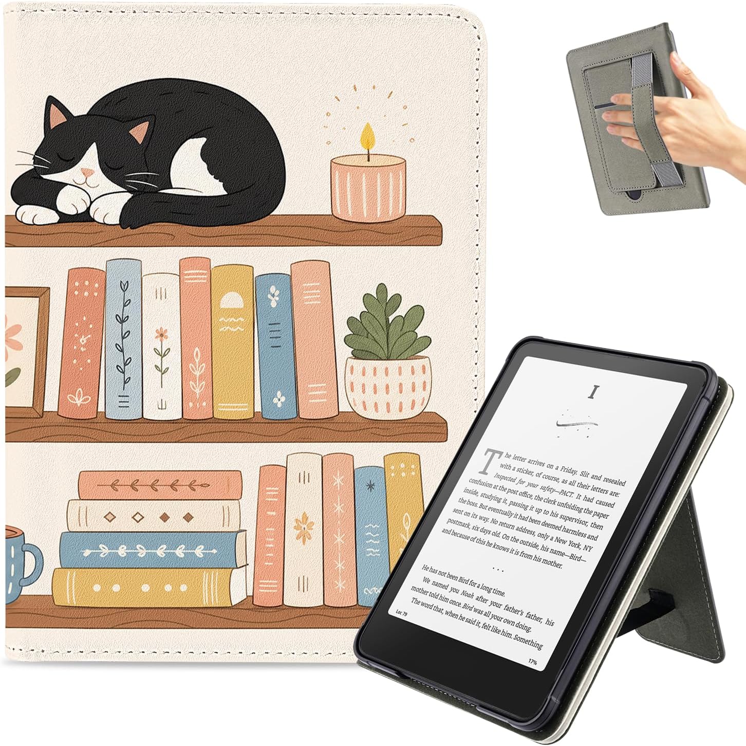 Cute Bookshelf Sleep Cat Case for Kindle Paperwhite 12th Generation 7 Inch 2024 - Foldable Stand Cover with Hand Strap & Card Slot, Premium PU Leather Protective Cover Auto Sleep/Wake