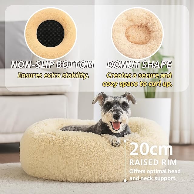 Foto 3 de 7 de SEOUGEE Cama calmante para perros con forma de dona, cama redonda de felpa esponjosa, acogedora, suave