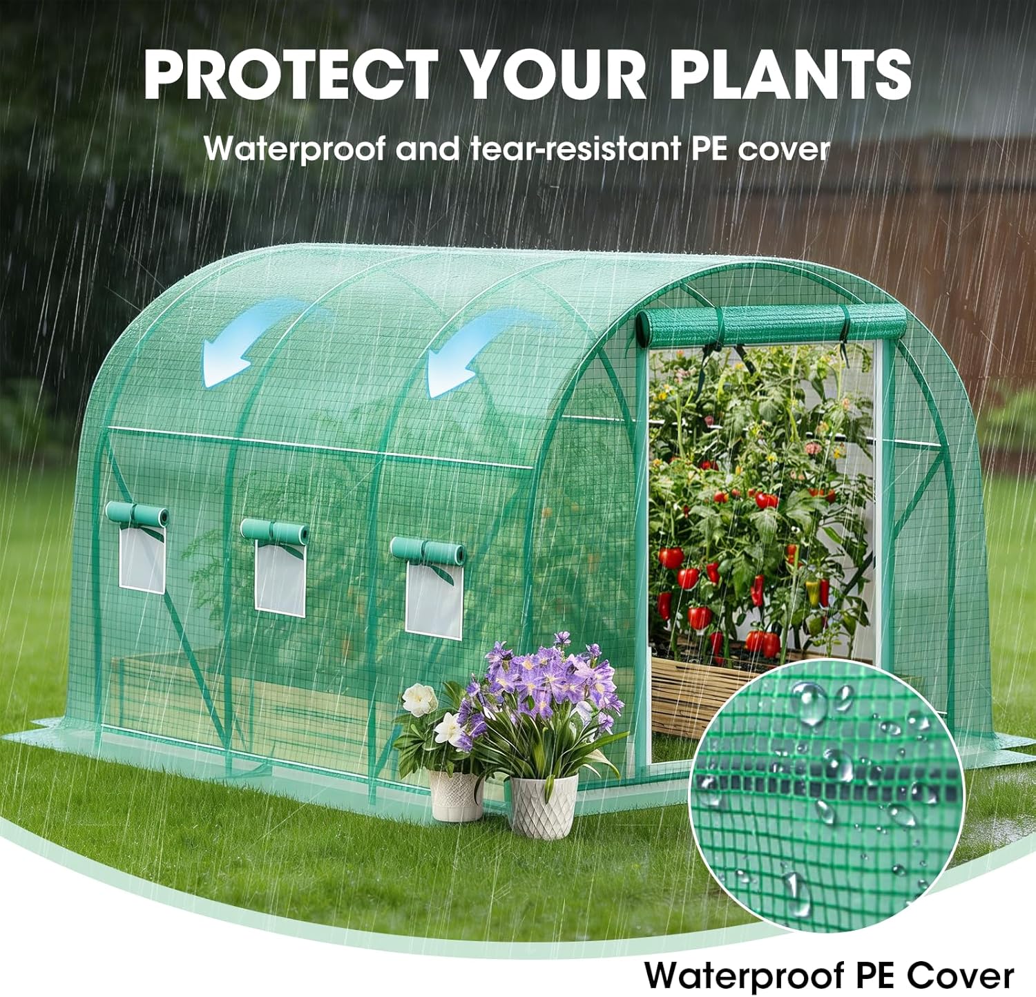 Grezone Walk-in Greenhouse Upgraded Green House with Dual Zippered Screen Doors & 6 Screen Windows Heavy Duty Plastic Plant Warm House with Reinforced Frame (10x7x7 FT)