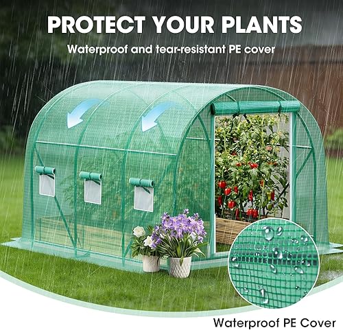 Vista 5 de Grezone Walk-in Greenhouse Upgraded Green House with Dual Zippered Screen Doors & 6 Screen Windows Heavy Duty Plastic Plant Warm House with