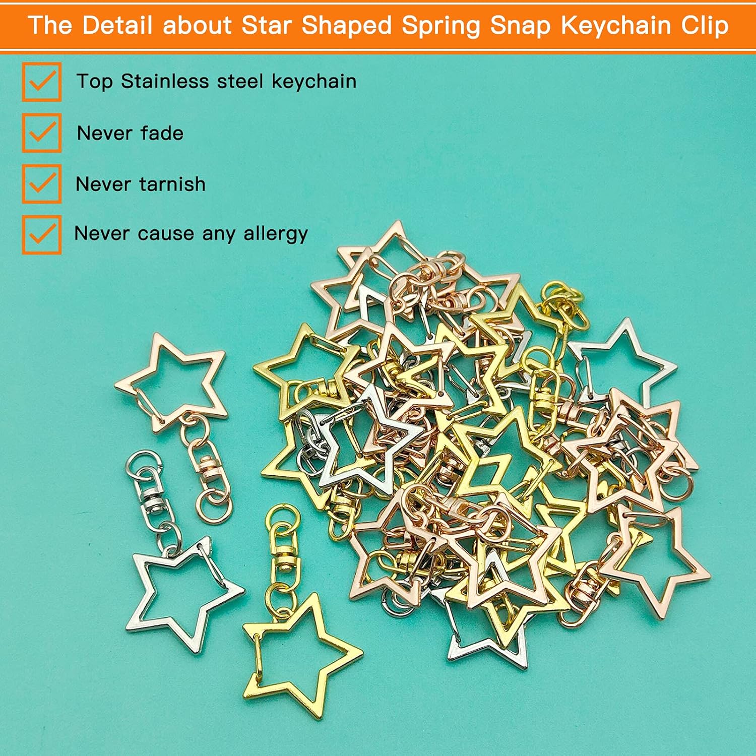 60Pcs Star Shaped Spring Snap Keychain Clip,3 Colors Metal Swivel Clasp Snap Hook Key Ring with Chain Hanging Buckle with Open Jump Ring Connector for Crafts Key Ring Making,DIY Keychain Supplies - Image 3