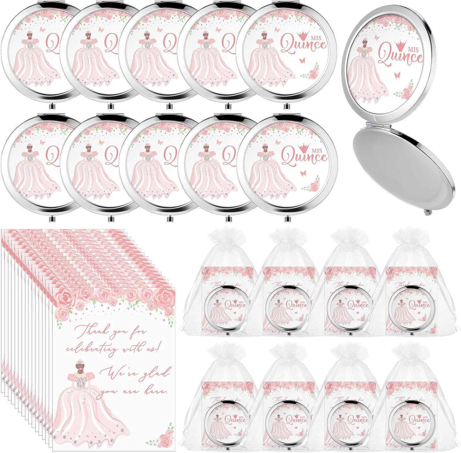 24 Sets Quinceanera Party Favors for Guests Mis Quince Compact Pocket Mirrors and Quinceanera Cards with Organza Bags for 15 Years Sweet Mis Quince Birthday Party Favor (Red)