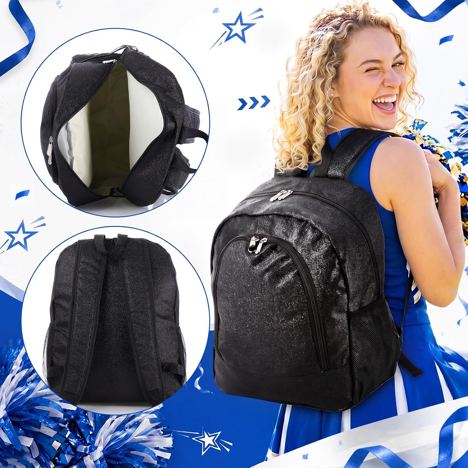 2 Pcs Cheer Backpack Cheerleading Glitter Backpack Dance Backpacks for Women Cheerleaders Friends Sports Team (Large,Black)