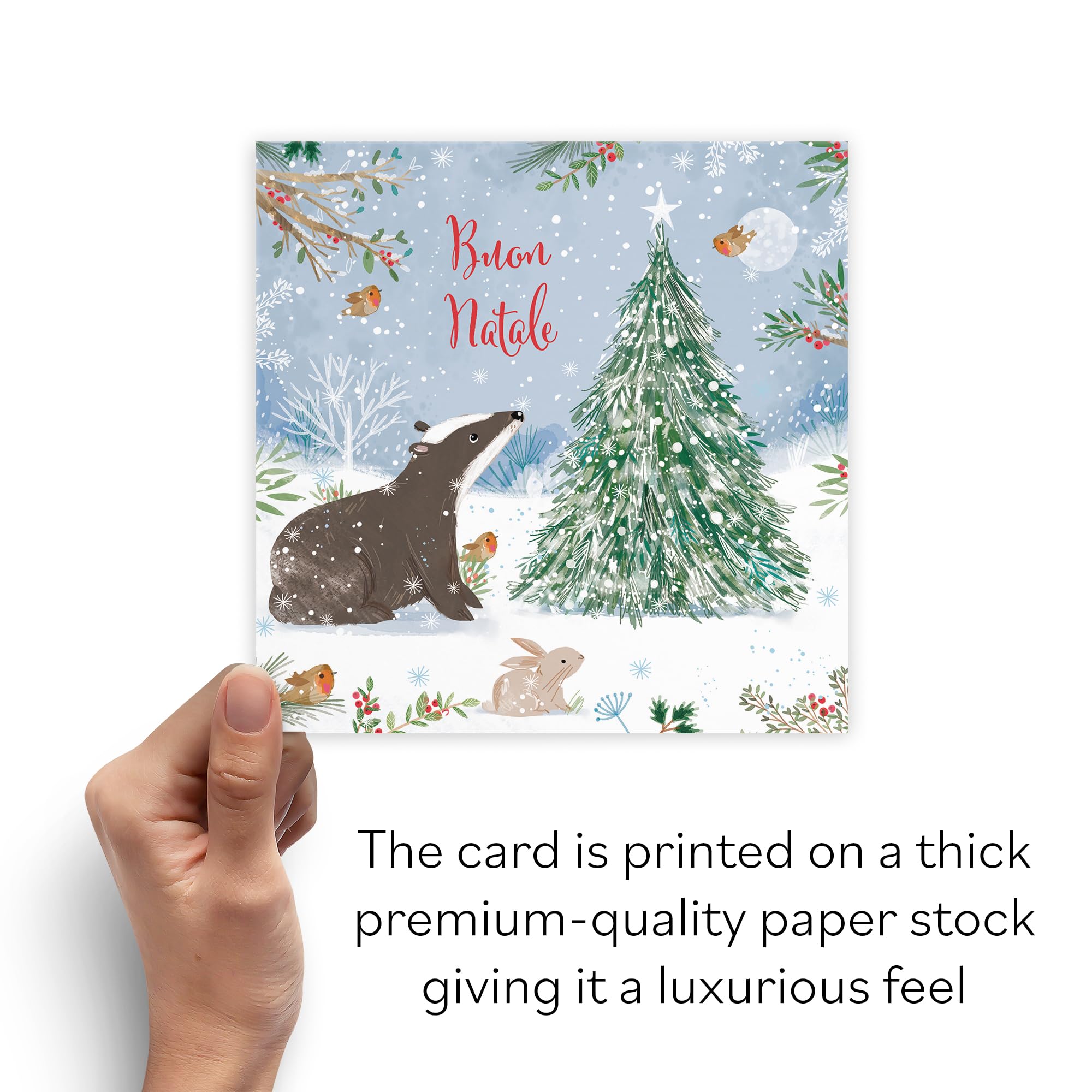 Hunts England, Badger Italian Christmas Card, Nature's Treasures, Happy Animal Wildlife Italian Language Fun Merry Xmas Card - Image 3