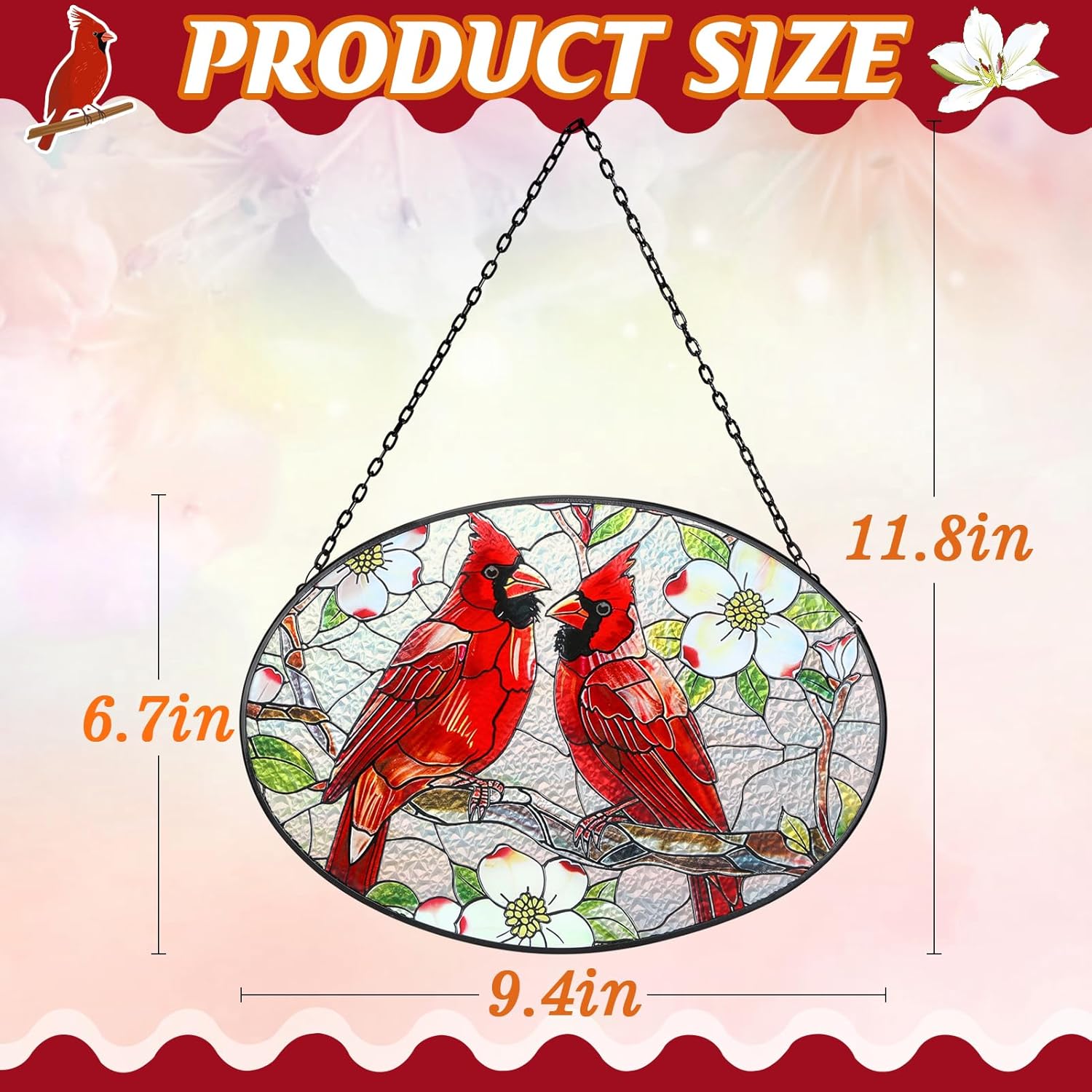 Cardinal Stained Glass Window Hanging - 6.7" x 9.4" Cardinal Gift for Women, Sun Painted Glass Panel Catcher Ornament for Home Windows Decor Birds Lover Gifts - Image 7