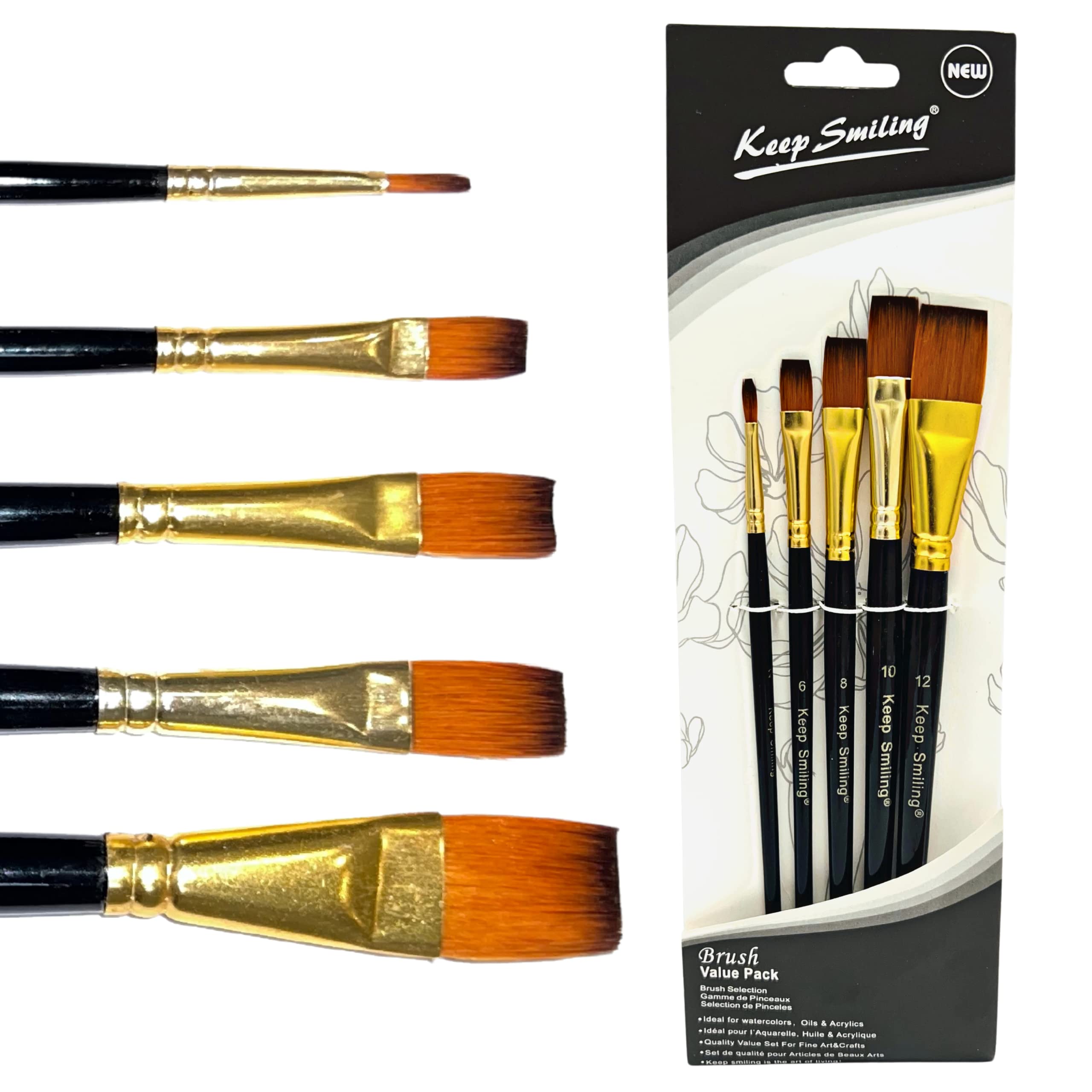 Set de Pinceles Pintura – 5 Pinceles Profesionales Planos con Cerdas de Cabello Sintético de Mango Corto Usar con Acuarelas / Acrílico / Gouache / Óleo – para Niños y Adultos