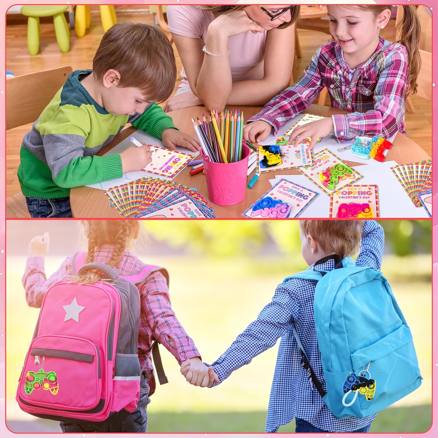 24 Pack Valentines Day Cards for Kids Classroom with Mini Pop Fidget Keychain Valentines Day Gifts for Kids School, Valentine Exchange Cards for Class Party Favors Set Toddlers Girls Boys