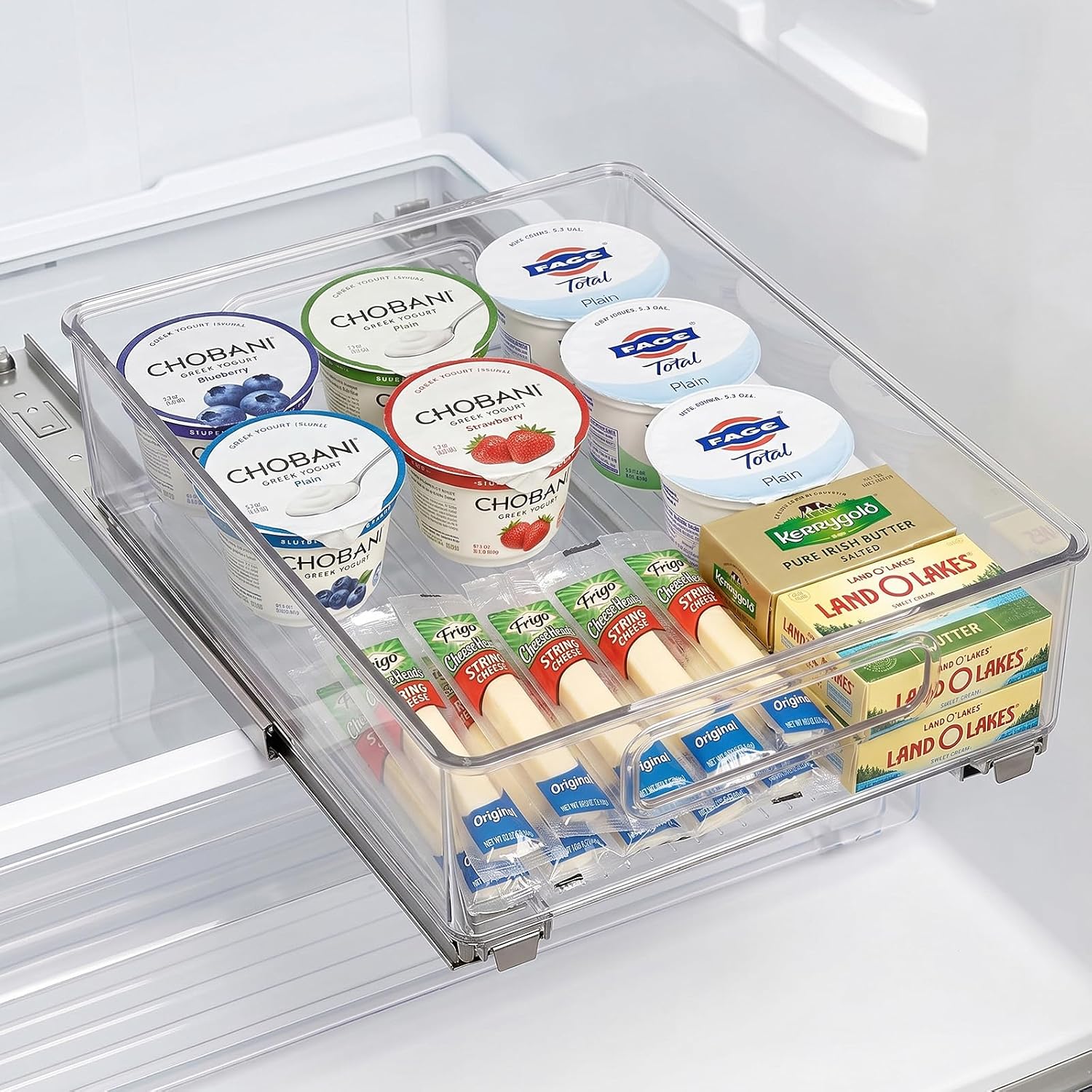 Pull out Refrigerator Organizers, Fridge Organizer Drawers Bins, Clear Storage Drawers with Handles, No Drill, Slide Rails Sliding Drawer for Fruit, Produce, Vegetables, Drinks, Snack, Dutter and Food