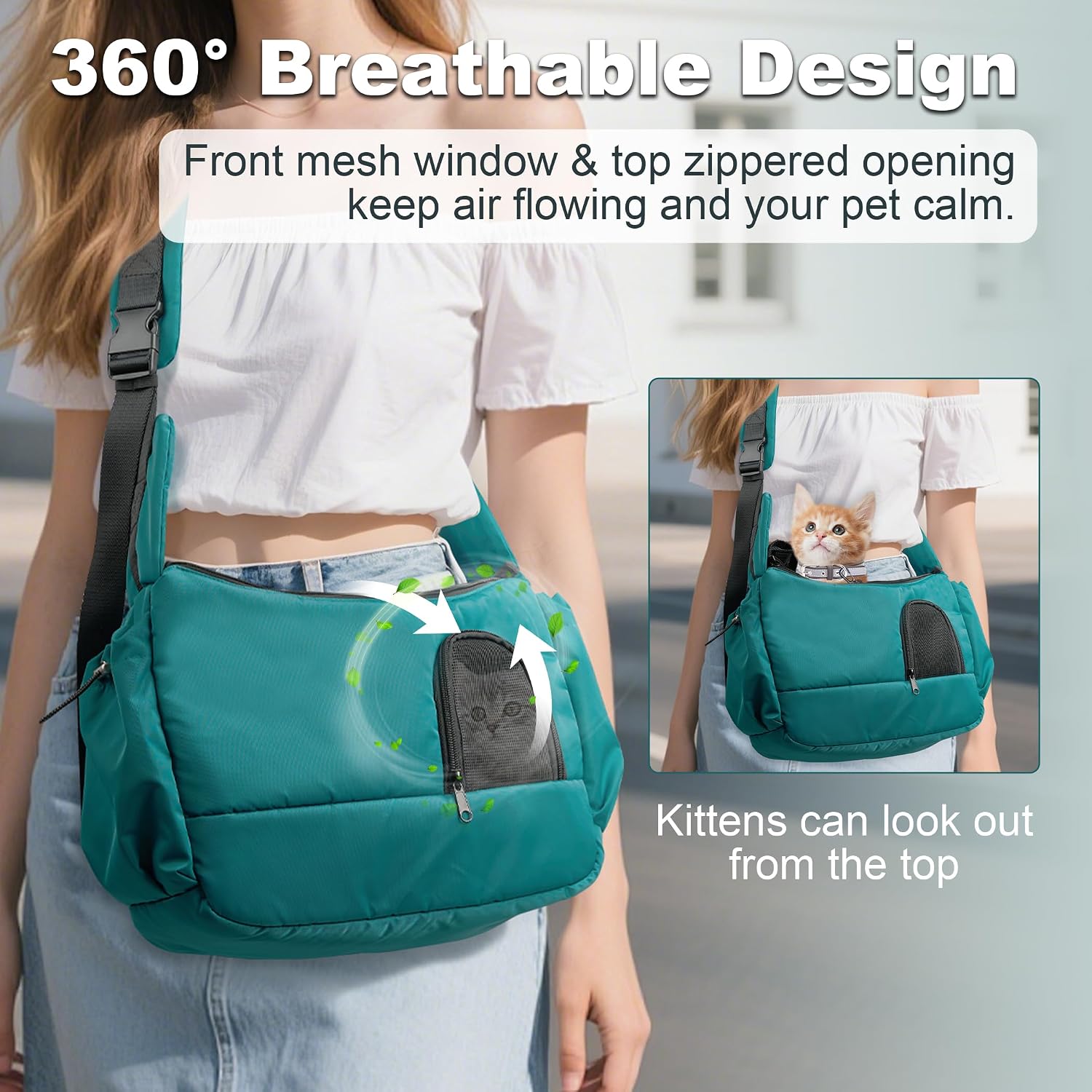 Cat Sling, Hands-Free Cat Carrier Pouch up to 7 lb, Cat Sling with Safety Strap and Pockets, Ideal for Travel and Daily Use, Peacock Blue