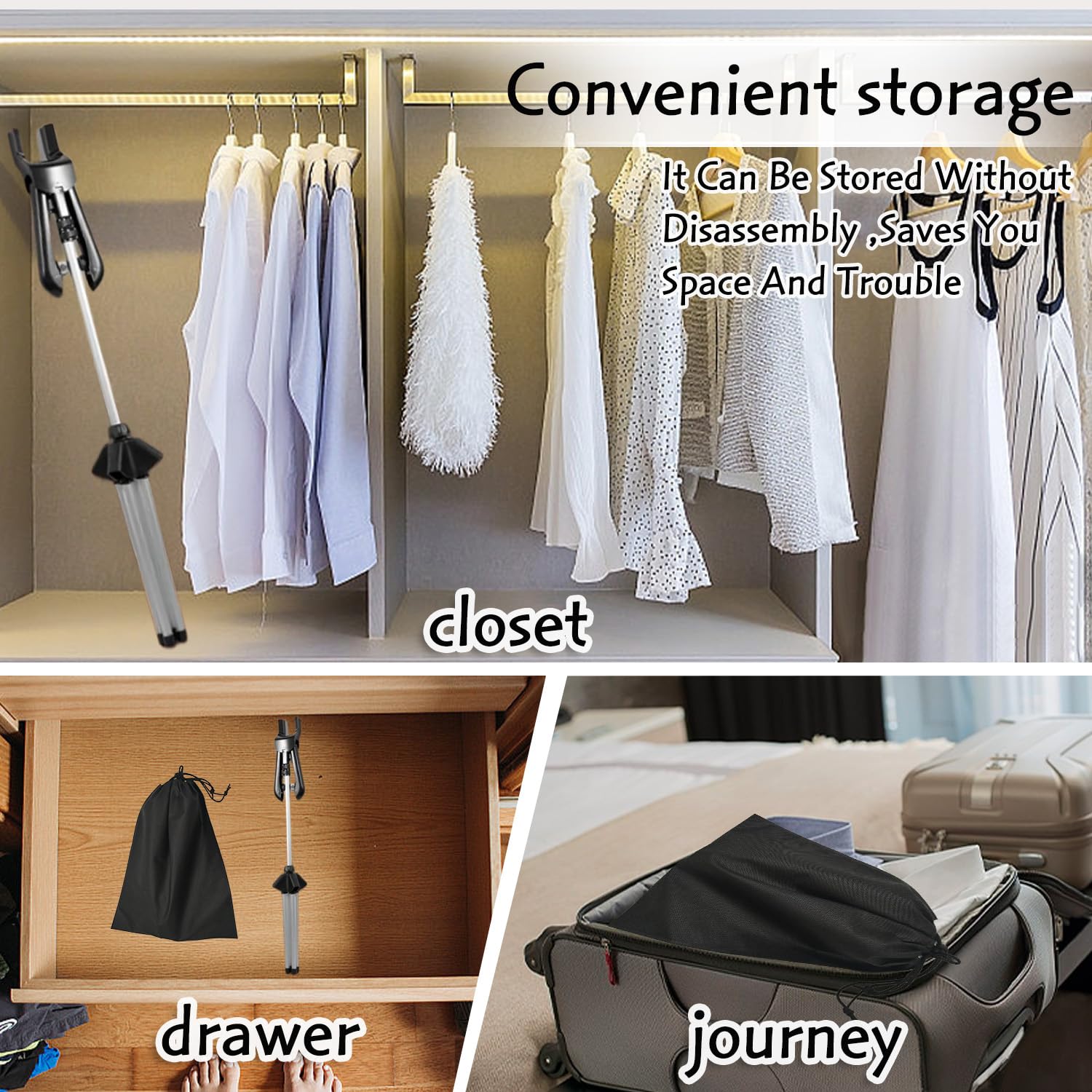 Supporto per vapore, supporto per vaporizzatore per indumenti, rack regolabile con gancio, pieghevole e portatile, per viaggi e casa (nero)