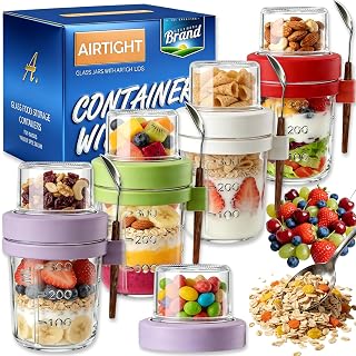 16+4 OZ Glass Mason Jars,Overnight Oats Containers with Lids and Spoon,Removable Independent Compartment,Large Capacity Airtight Jar for Milk,Fruit,Cereal,4 Pack(Purple/Green/White/Red) - Amazon product rated Grade A