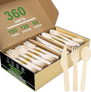 Compostable Wooden Utensils - 360 Pcs [180 Forks, 60 Knives, 120 Spoons], Disposable Cutlery, Biodegradable Wooden Silverware for Parties, Picnics, and Camping