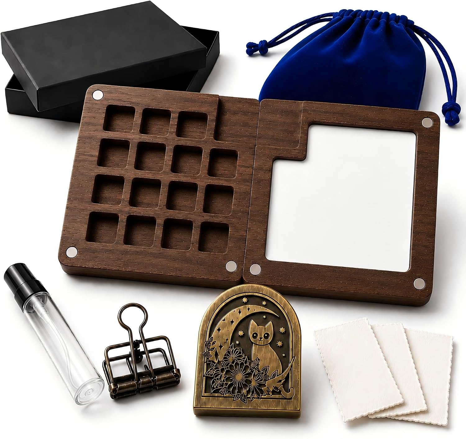 Mini Wooden Watercolor Palette Kit for Urban Sketching, 15-Well Empty Travel Palette Box with Magnetic Closure, Clips, 300gsm Watercolor Paper, Spray Bottle and Velvet Bag