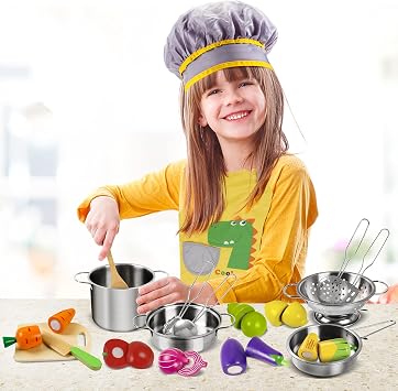 Play Kitchen Accessories, Wooden Play Food, Cooking Set with Stainless Steel Cookware Pots and Pans Utensils, Apron, Chef Hat, Cutting Food Kitchen Playset for Girls and Boys