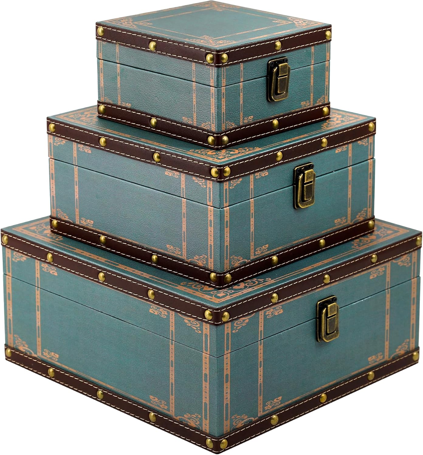 Jolitac Wooden Storage Box Set of 3, Antique-Looking Storage Containers with Secret Compartments Vintage Nesting Keepsake Chests for Jewelry, Cash, Photos Travel-Friendly & Stackable (Green)