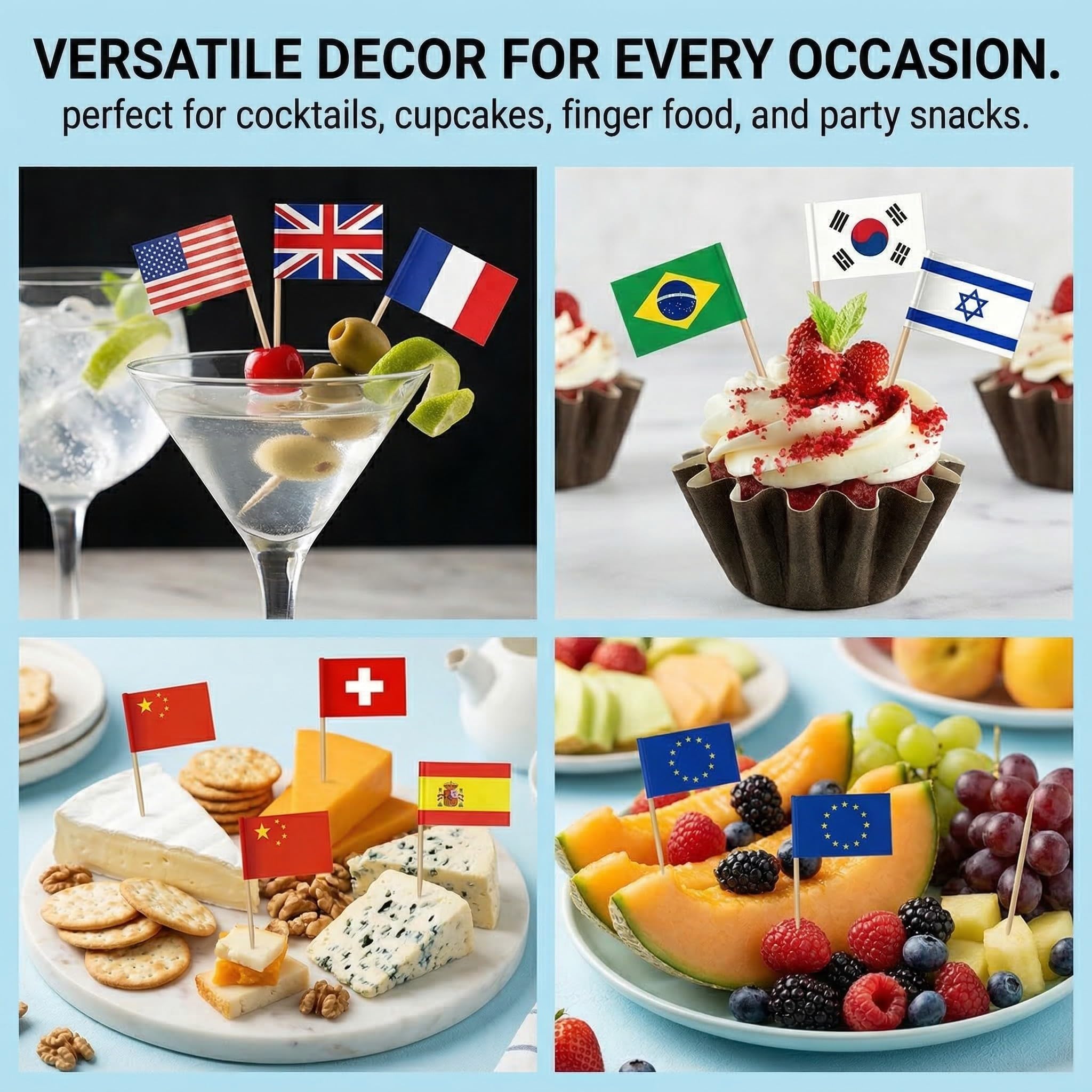 100 Stuzzicadenti con Bandierine del Mondo, Stecchini in Legno e Bandierine di Carta 2,5x3,5 cm, Decorazione per Cocktail, Cupcake, Europei, Mondiali e Feste di Calcio