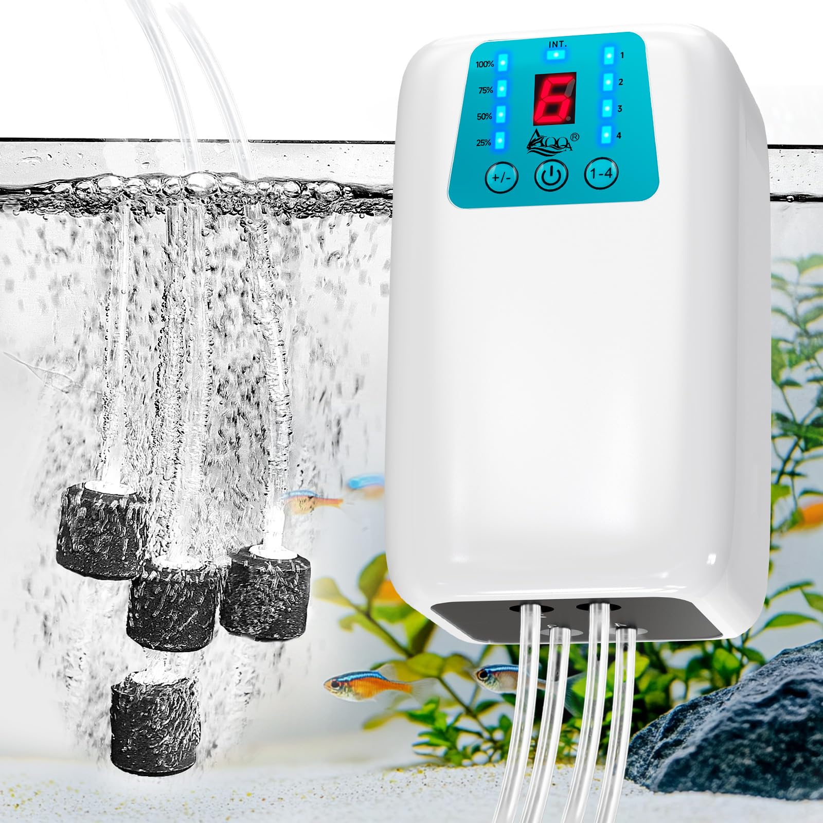 AQQA 8W 280GPH Battery Powered Aquarium Air Pump, USB Rechargeable Quiet Aerator Independently Control 1-4 Outlets &amp; 6-Level LED Display,2 Modes(Continuous/Intermittent) for Fish Tank,Outdoor Fishing