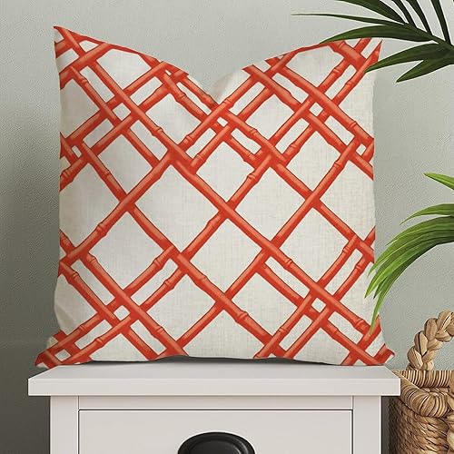 Fundas de almohada geométricas de bambú naranja Chinoiserie, funda de almohada geométrica abstracta coral funda de cojín 16 x 16 pulgadas