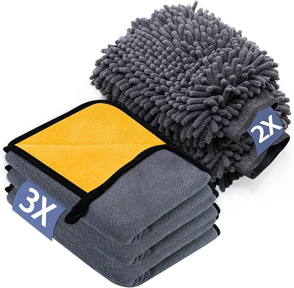 KALBIGRO Juego de 3 Piezas Bayeta Microfibra & 2 Piezas Manoplas de Secado Lavado, 600 g/m² Toalla Secado Coche para Secar Sin Arañazos y Pulir (40 x 30 cm) - 1