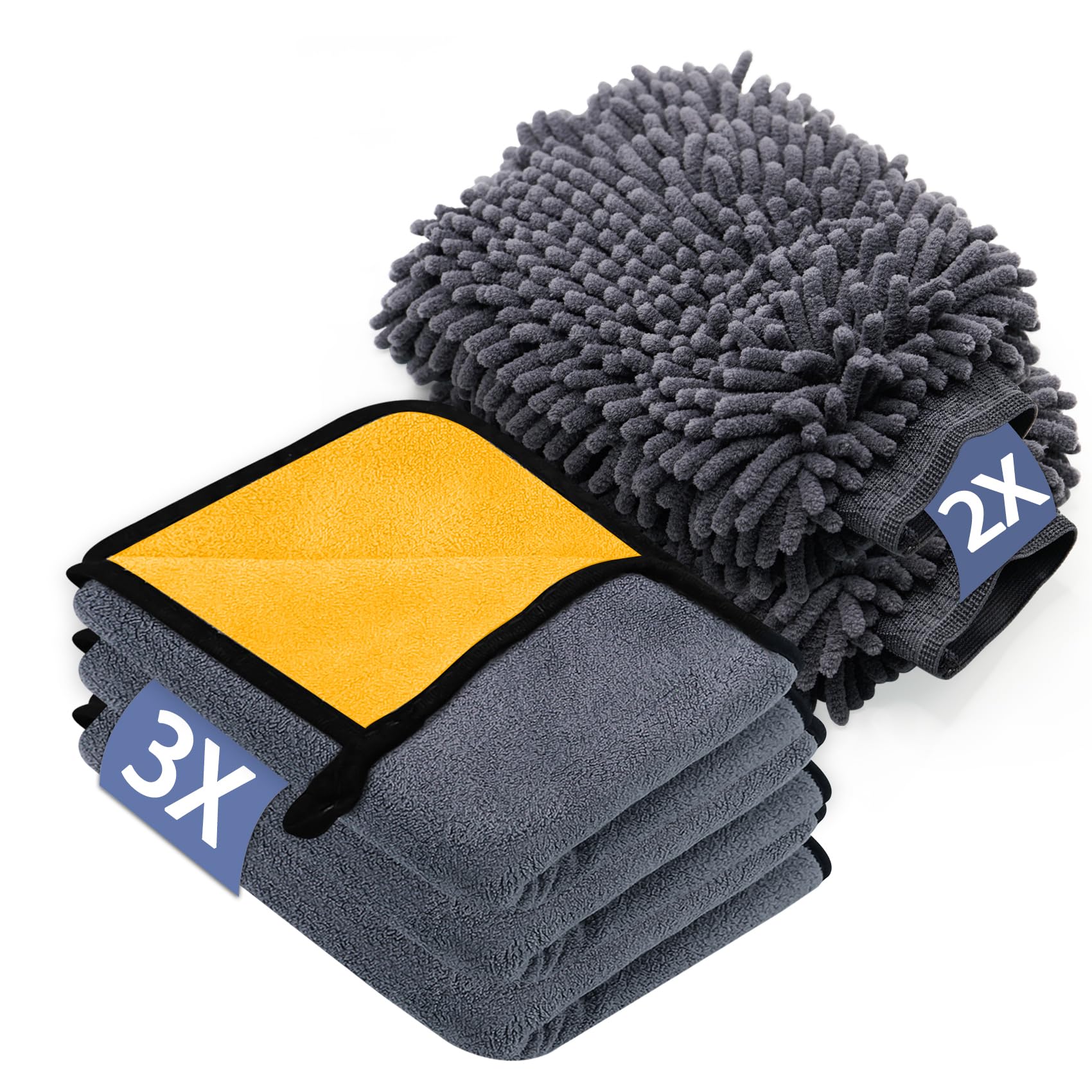 KALBIGRO 5 Stück Autopflege Set mit 3er Mikrofasertücher Auto & 2er Mikrofaser Waschhandschuh Auto