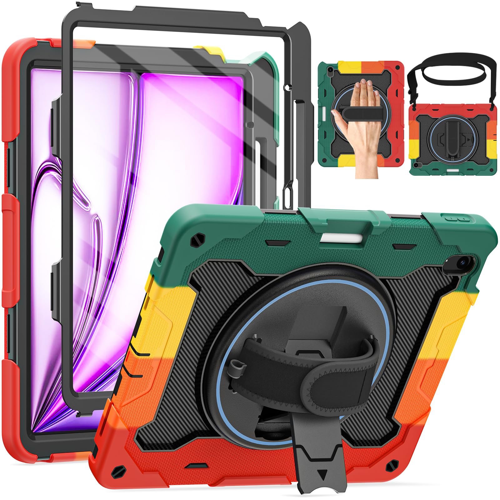 ROSROME for iPad Air 13 Inch Case M3 2025 / M2 2024 with HD Screen Protector, Shoulder Strap, 360 Stand, Hand Strap, Pen Holder [ Kids Friendly] Heavy