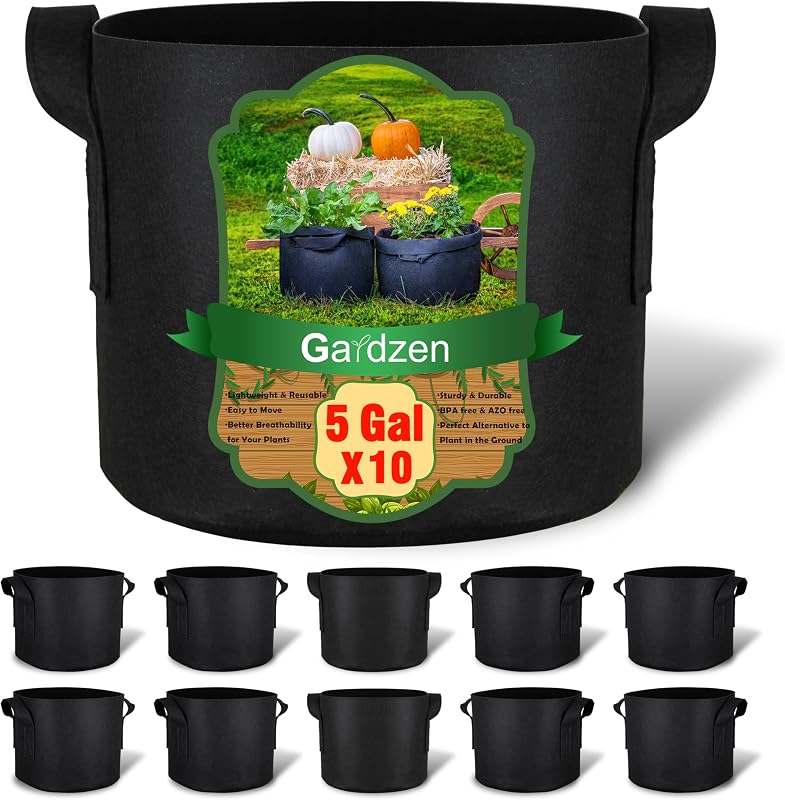 Gardzen Paquete de 10 bolsas de cultivo de 5 galones, macetas de tela con asas resistentes | Excelente drenaje y transpirabilidad, tela no tejida espesa de 300 g, sin BPA, duradera para el cultivo de vegetales y flores