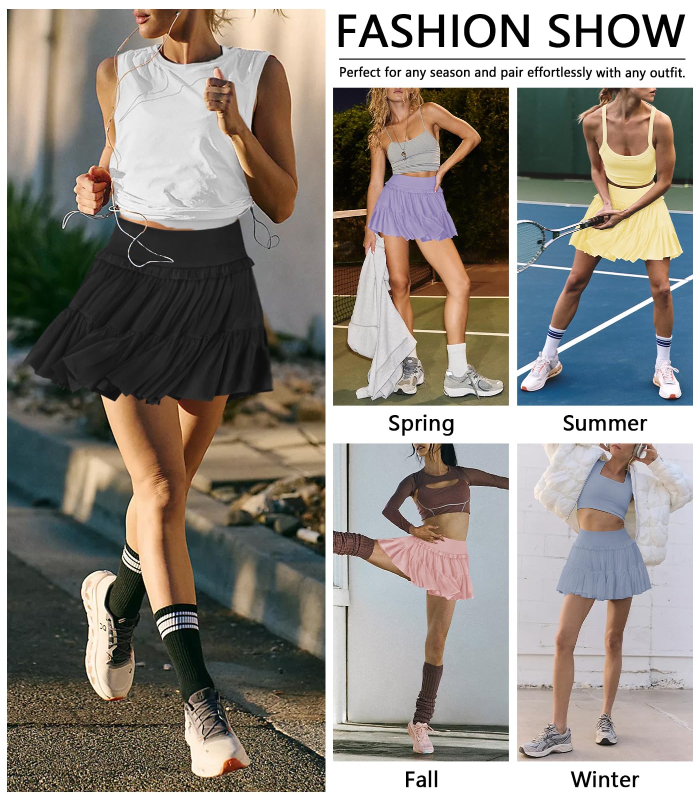 Hragc Jupe de tennis plissée fluide à volants pour femme - Taille haute - Mini jupe de golf athlétique avec poche courte