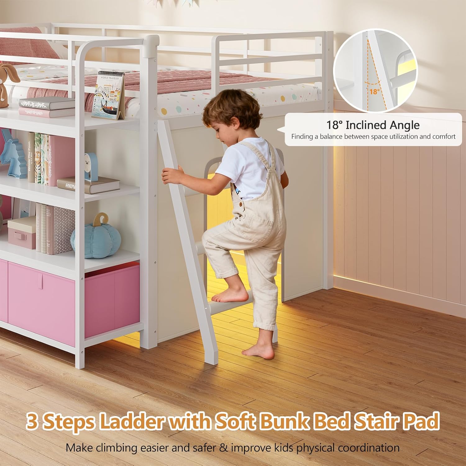 DICTAC Low Loft Bed with Desk and 6 Storage Drawers Twin Loft Bed with Bookshelf,LED Lights & Under-Bed Play Space,Kids Twin Beds with 13.8''H Safety Guardrail,Inclined Ladder&Play Curtain,Pink+White Pink+white Twin