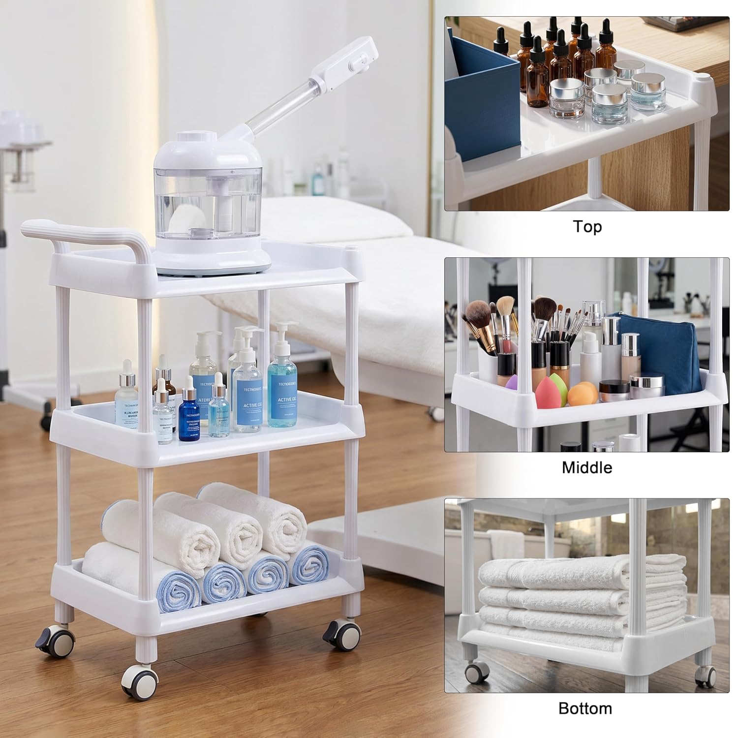 Elitzia Esthetician Cart Facial Machine Trolley ABS Beauty Salon SPA Rolling Trolley for Esthetician Makeup Cart Beauty Machine 3 Layers Tray Organizer with Wheels Large Storage ETTRO112 (White)