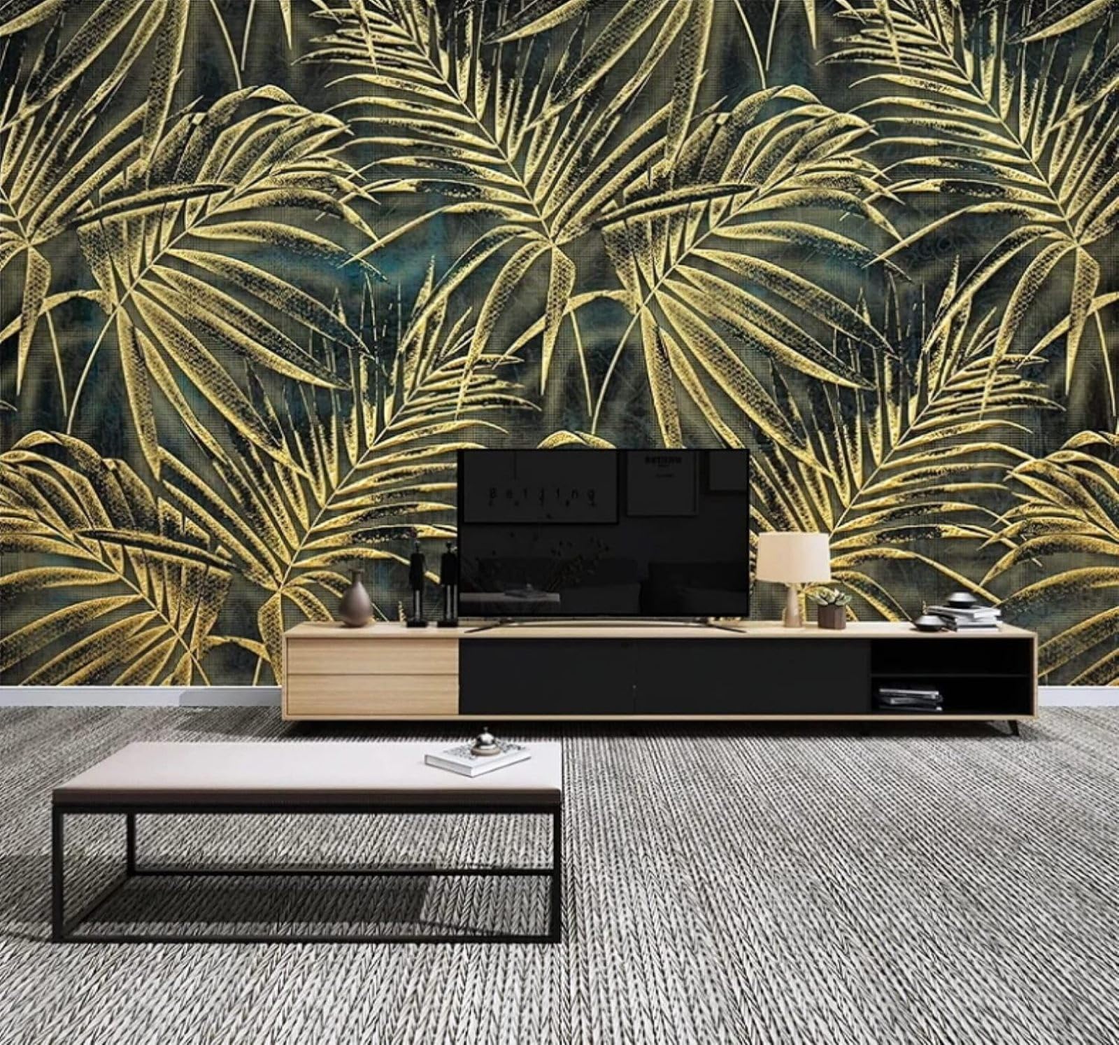 Xlming 400Cm×280Cm(B×H) Vintage Minimalist Three Dimensional Gold Palm Leaves 3D Wallpaper Luxury Home Dining Decor Paste Sofa Living Room The Wall For Bedroom Mural-400Cm×280Cm