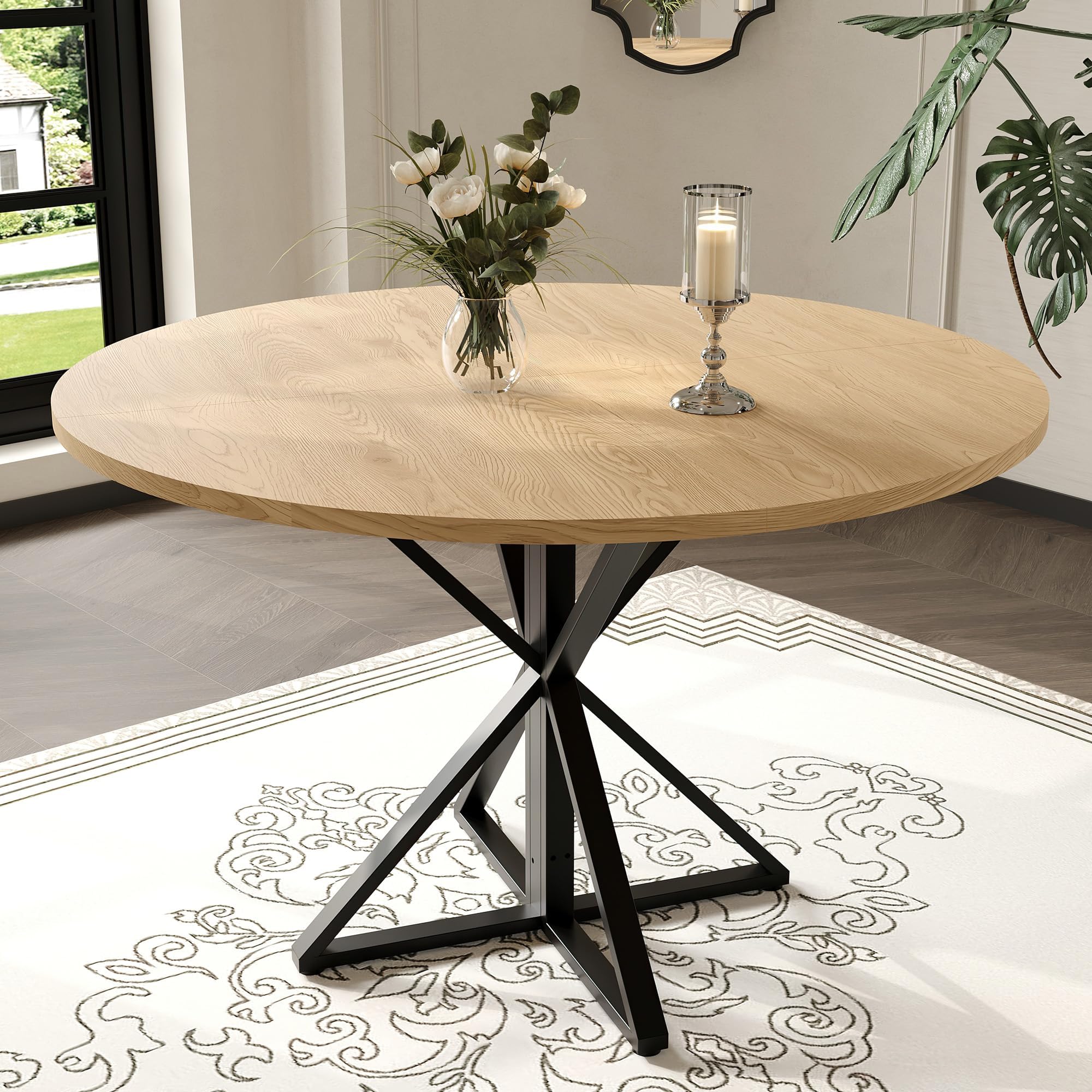 Garvee Runder Esstisch 120 cm für 4 Personen, Eichenholz-Landhausstil mit Säulenfuß, runder Küchentisch aus Holz – perfekt für Feiertage und Familienfeiern in Küche & Esszimmer