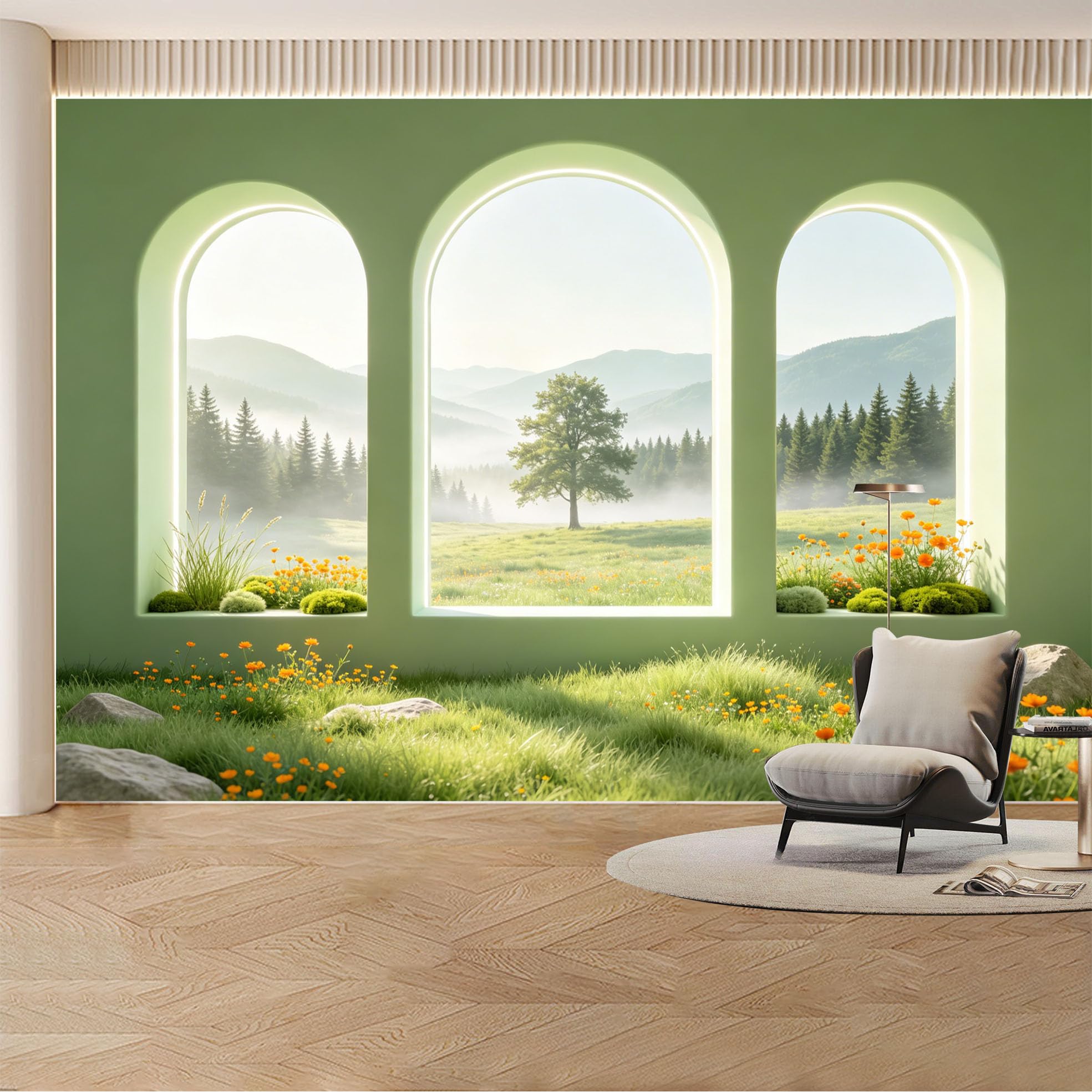 Custom Wall Mural Wallpaper Forest Meadow Landscape Nature Wall Decor Nordic Misty Removable SelfAdhesive Large Photo for Living Room， Bedroom， Office