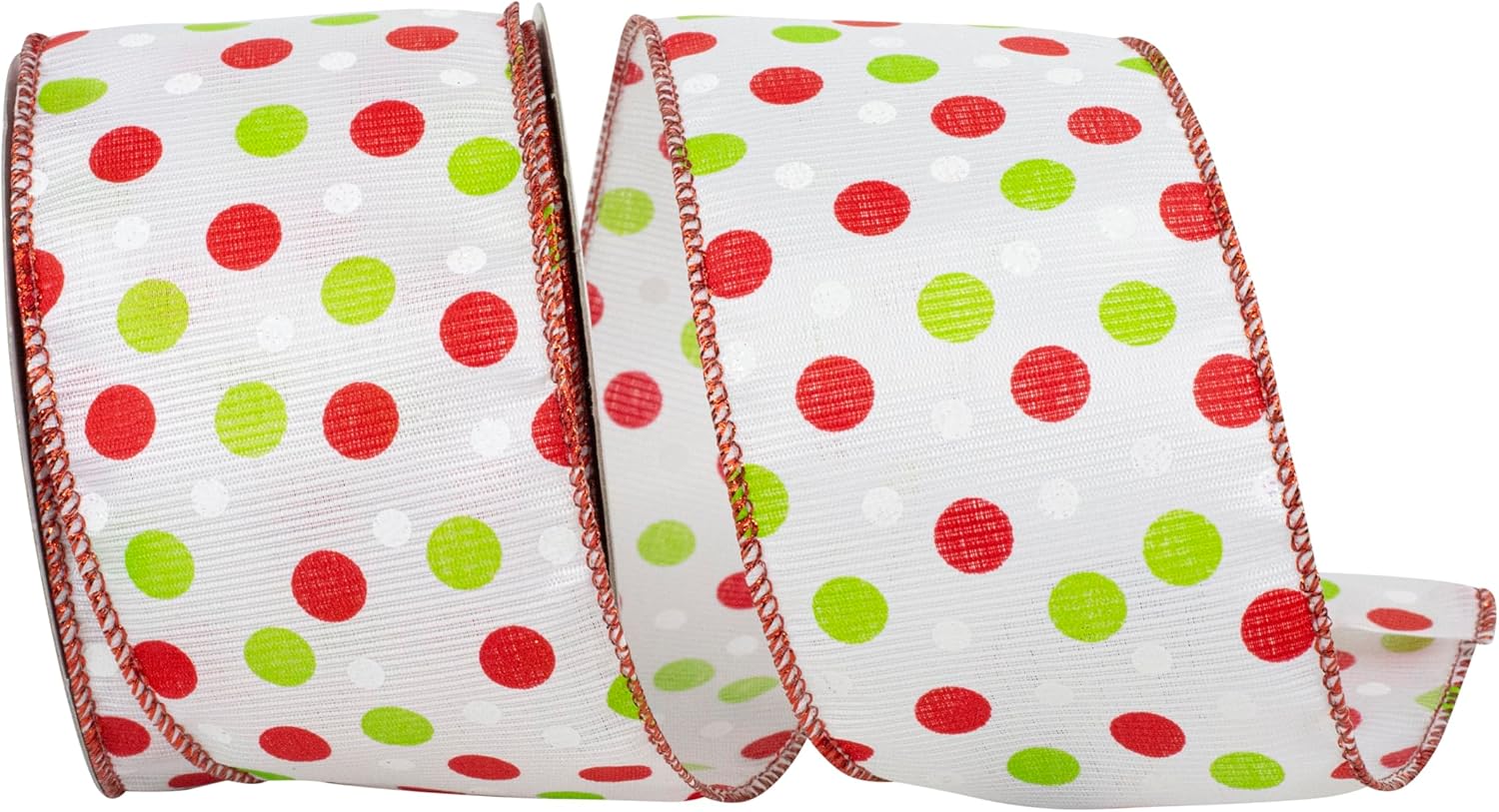 Ribbon - Dot Grosgrain Christmas Wired Edge, White/red, 2-1/2 Inch, 10 Yards