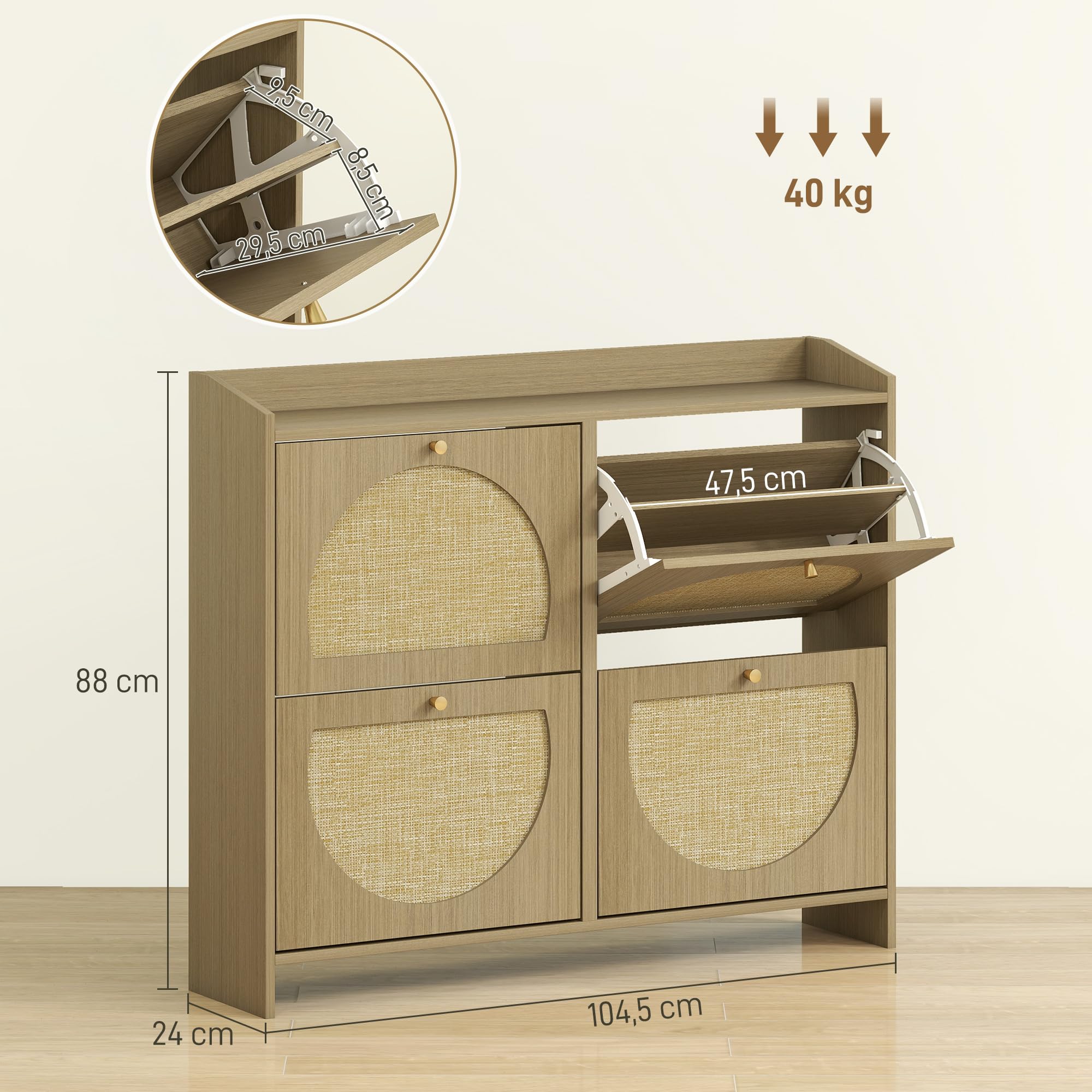 HOMCOM Zapatero Estrecho con 4 Puertas de Ratán 104,5x24x88 cm Natural