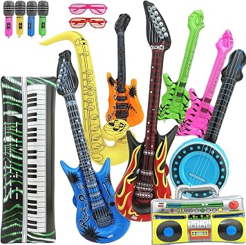 15 Pcs Inflatable Instruments Photo Booth Props for Men, Vintage Party Props Set Inflatable Saxophone Bass Rock Microphone Rock Star Toy Set Electric Guitar Recorder for Music Theme Party