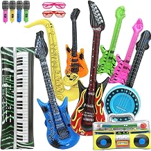 15 Pcs Inflatable Instruments Photo Booth Props for Men, Vintage Party Props Set Inflatable Saxophone Bass Rock Microphone Rock Star Toy Set Electric Guitar Recorder for Music Theme Party