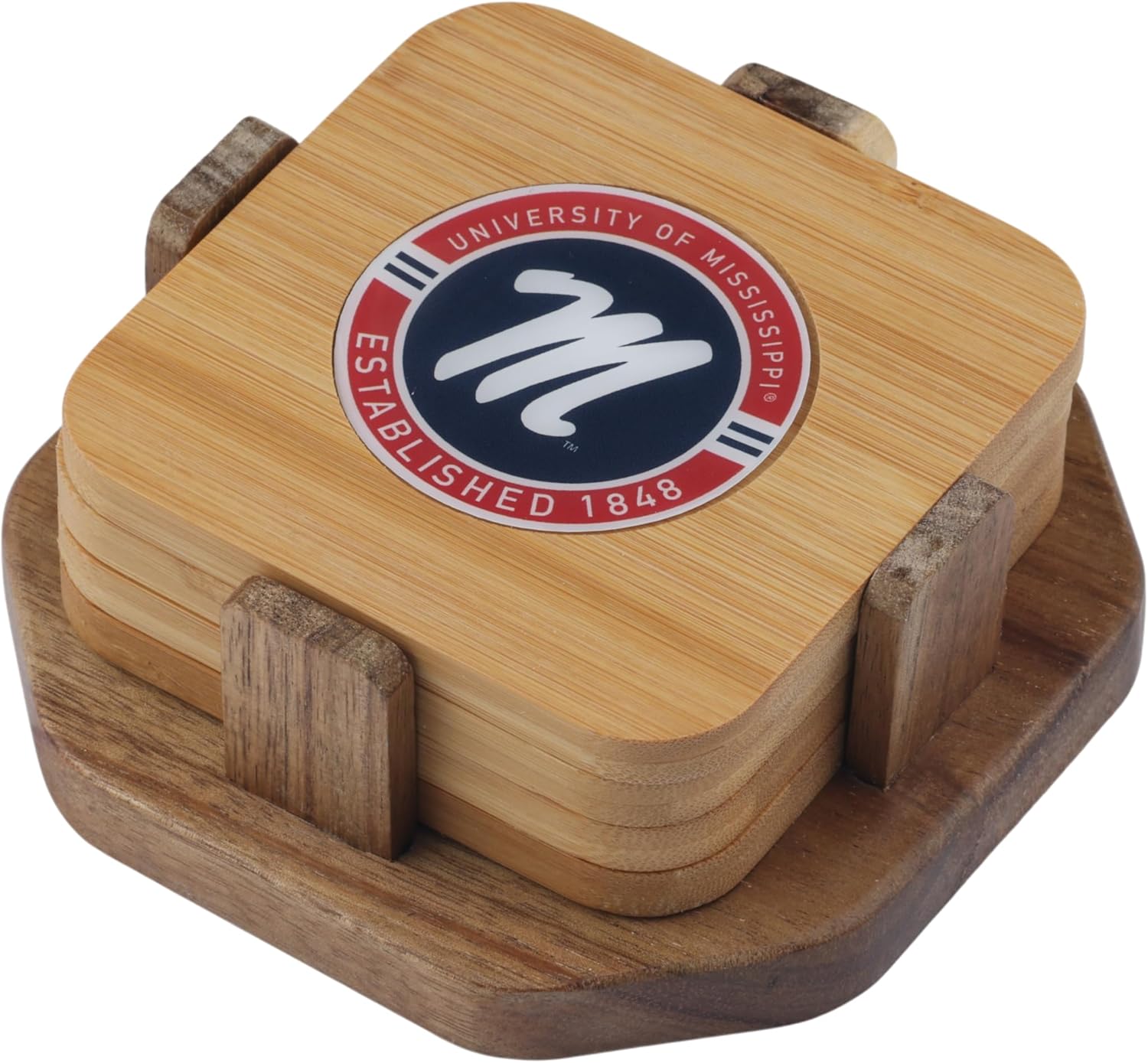 The Memory Company Officially Licensed NCAA Wood Inlay Coaster Set - 4-Pack Handcrafted Drink Coasters with Holder, Premium Sports Fan Home Bar Accessories, Official Team Logo Collection