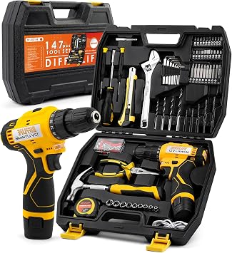 12V Drill Driver Power Tool Combo Kits with Cordless Drill, Professional Household Home Tool Kit Set, DIY Hand Tool Kits for Garden Office House Repair Yellow