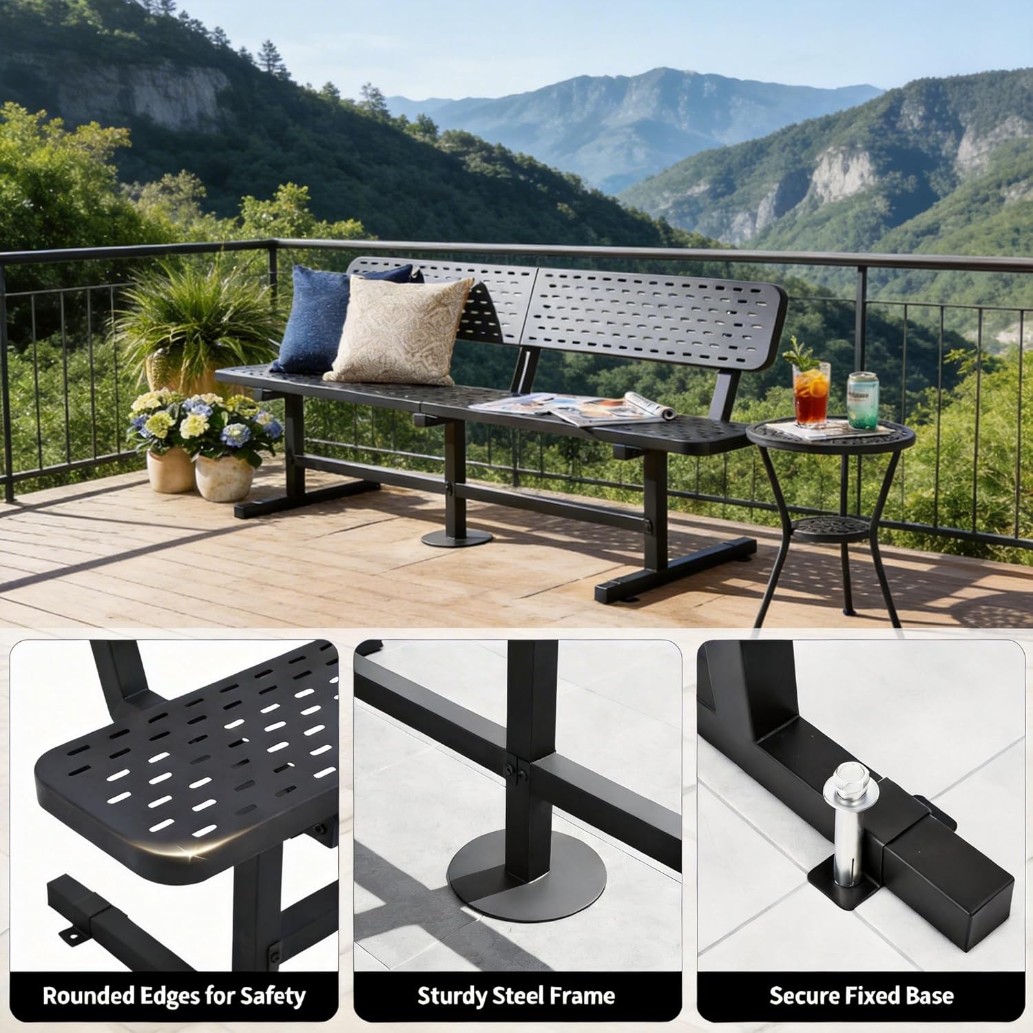 DWVO Commercial Grade 6 Foot Outdoor Bench with Back Heavy Duty Metal Park Bench for Outside Coated Steel Frame Industrial Thermoplastic Finish for Patio Garden Public Zones