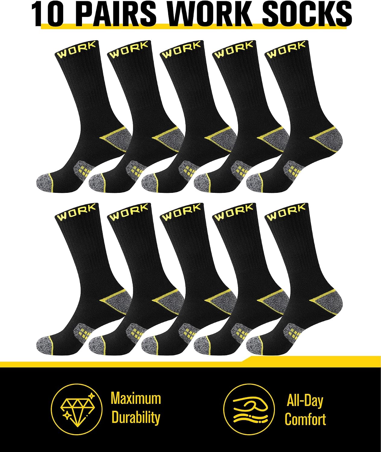 Men's Work Socks, 10 Pairs, Black Crew Length, Full Cushion
