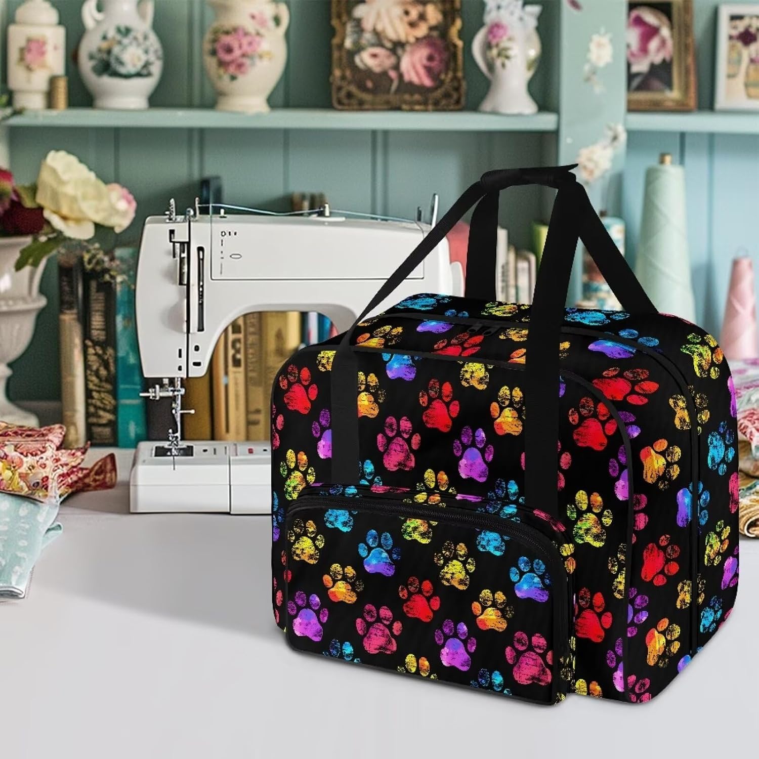 Colorful Paw Print Sewing Machine Carrying Case for Home Sewing Machine Covers for All Machine for Travel Outdoor Reduces Dust Stains Sewing Machine Storage Box