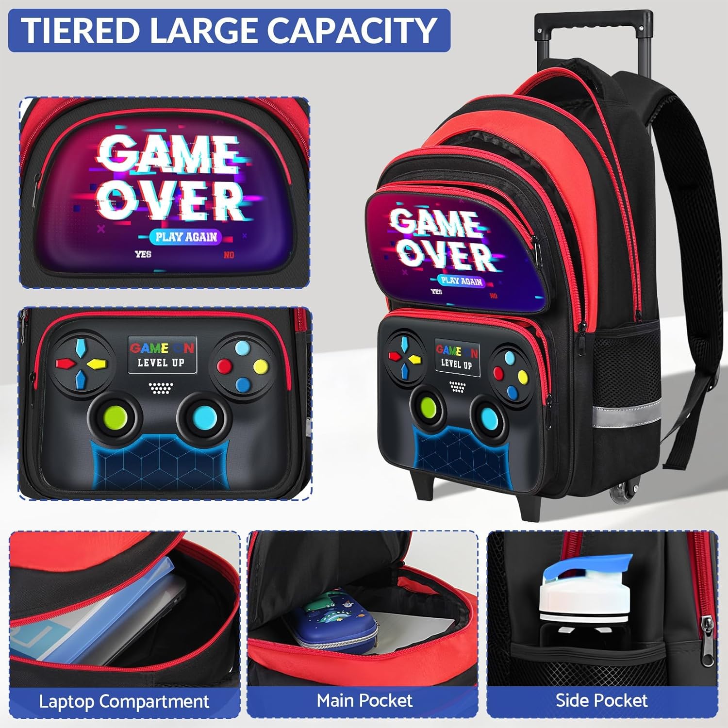 Boys Rolling Backpack for Kids - Gamer Boys Rolling Backpack with Wheels, Multifunctional Wheeled Bookbag for Elementary Middle School, Lightweight Travel Roller Bag