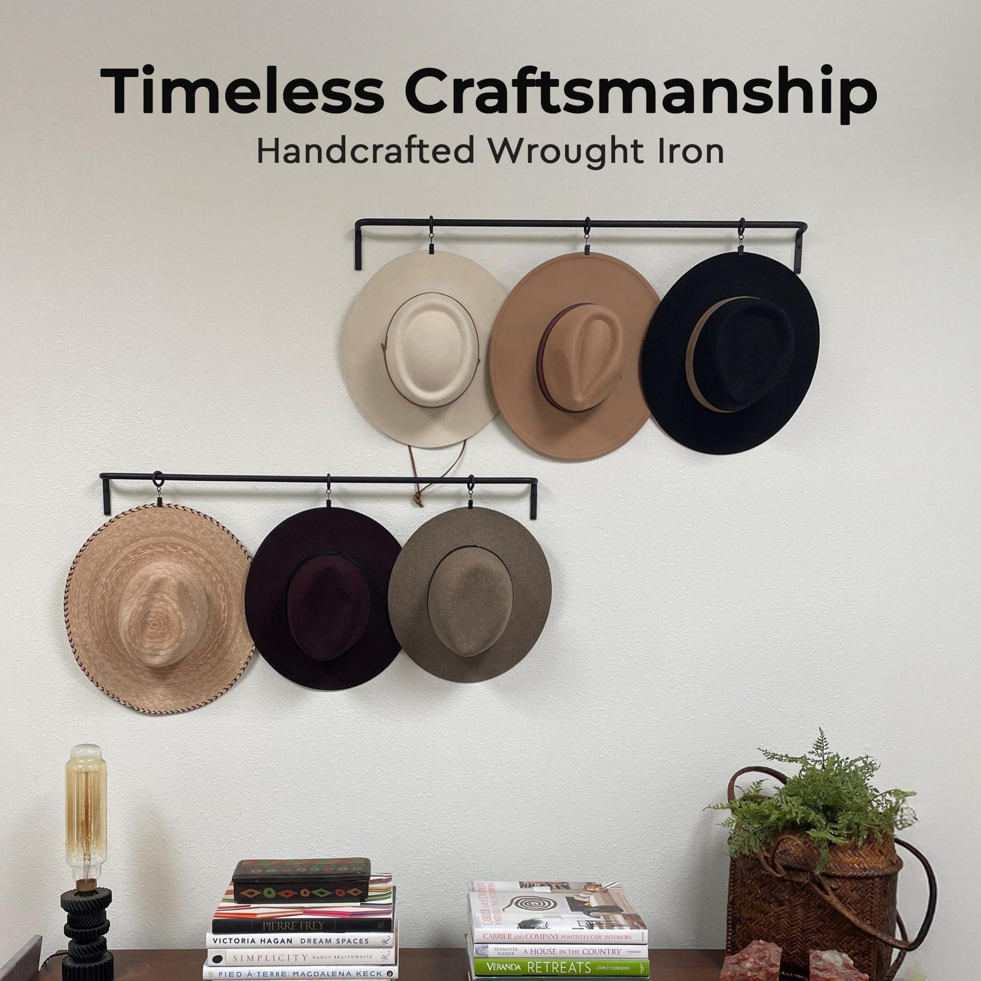 Paso Robles Ironworks Wall Mounted Hat Display Rack, 35 inch Iron Rod with 6 Clips, Handcrafted, Antique Black