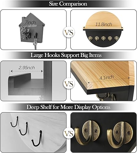 Miniatura 2 de Gurfuy Soporte para llaves de pared con estante, organizador cuadrado de madera y estante con ganchos para estante montado en la pared para