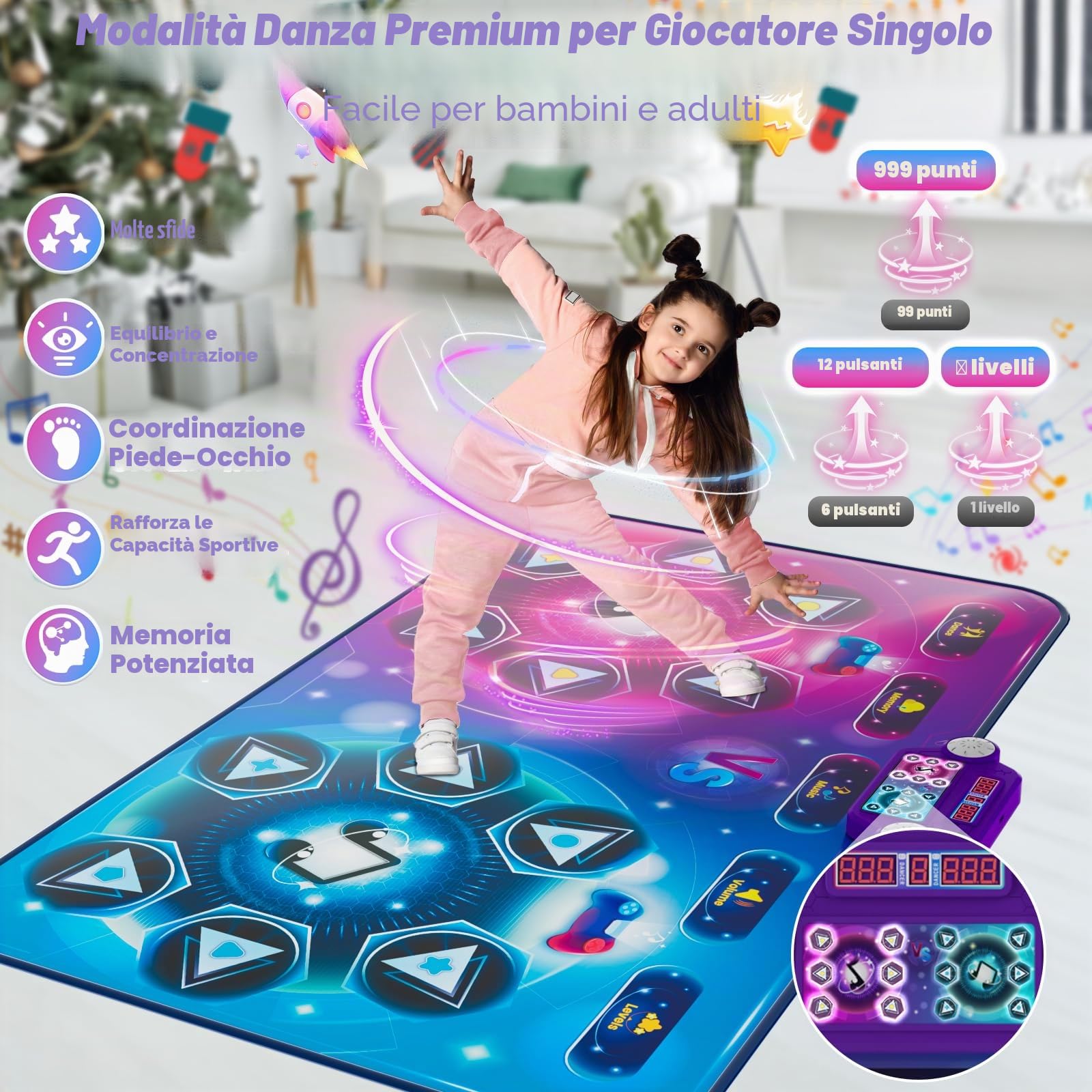 Tappetino da Ballo Ricaricabile-Doppio Giocatore, Dimensioni Extra Large (150*97 cm), Musica, Modalità Sfida, Modalità Piano, Luci LED, Regalo Natale Compleanno per Bambini Ragazze Ragazzi 3-12 Anni