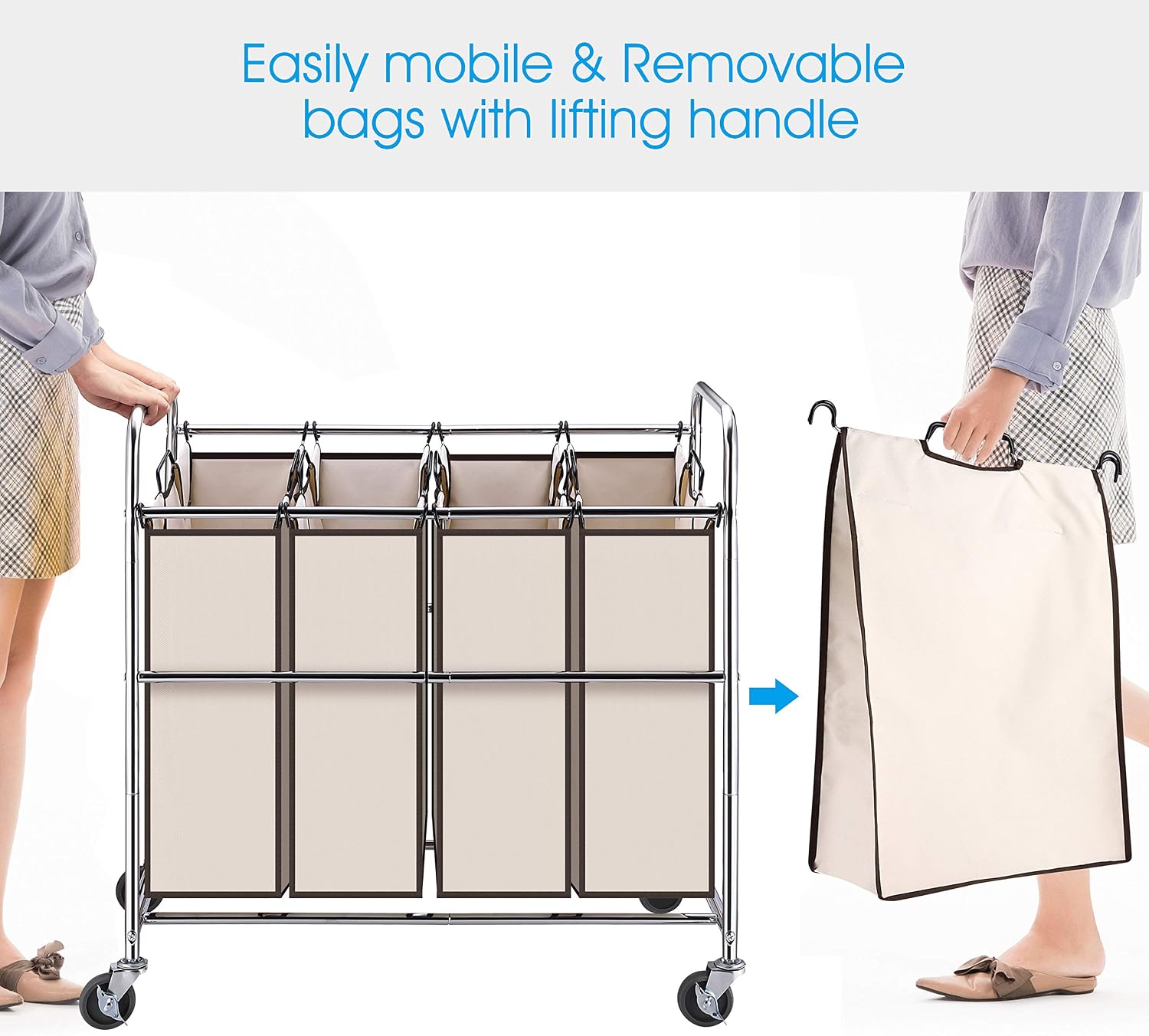 Simple Trending 4-Bag Laundry Hamper Sorter Cart with Heavy Duty Rolling Wheels and Removable Bags, Chrome