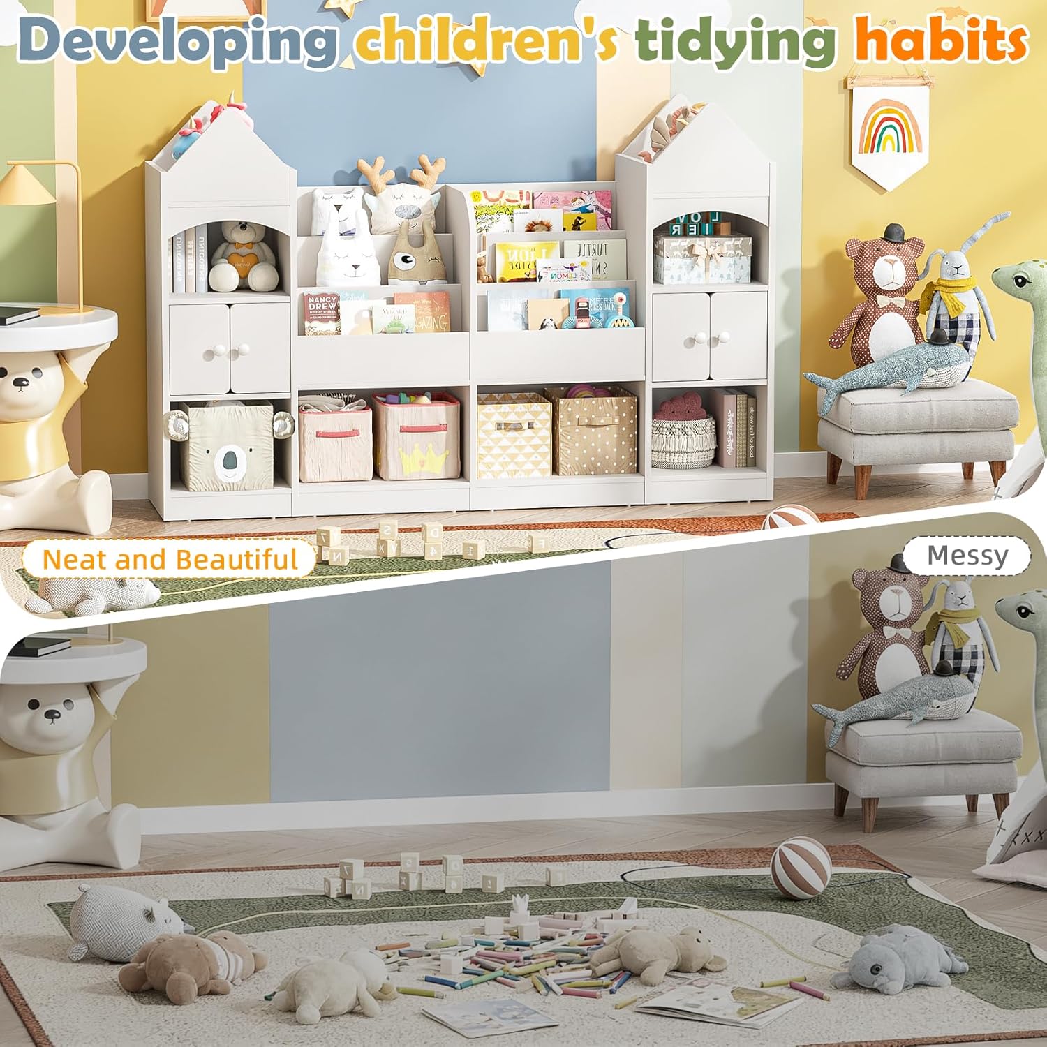 Vabches Castle Shape Children's Bookshelf, Kids Bookcase Display Case Kids Toy Storage Organizer Multifunctional Storage Cabinet Bookshelf Suitable for Playroom, Children's Room, Living Room, White