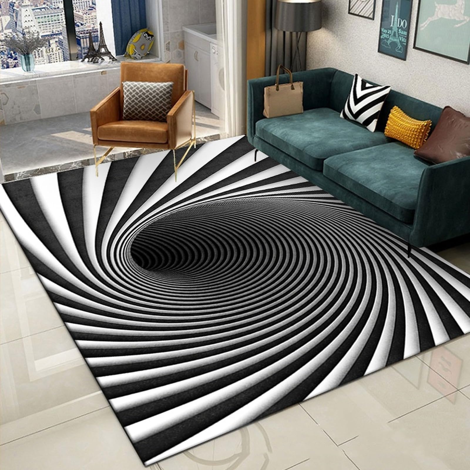 Tapis 3D illusion d'optique au motif vortex abstrait et géométrique pour grand salon